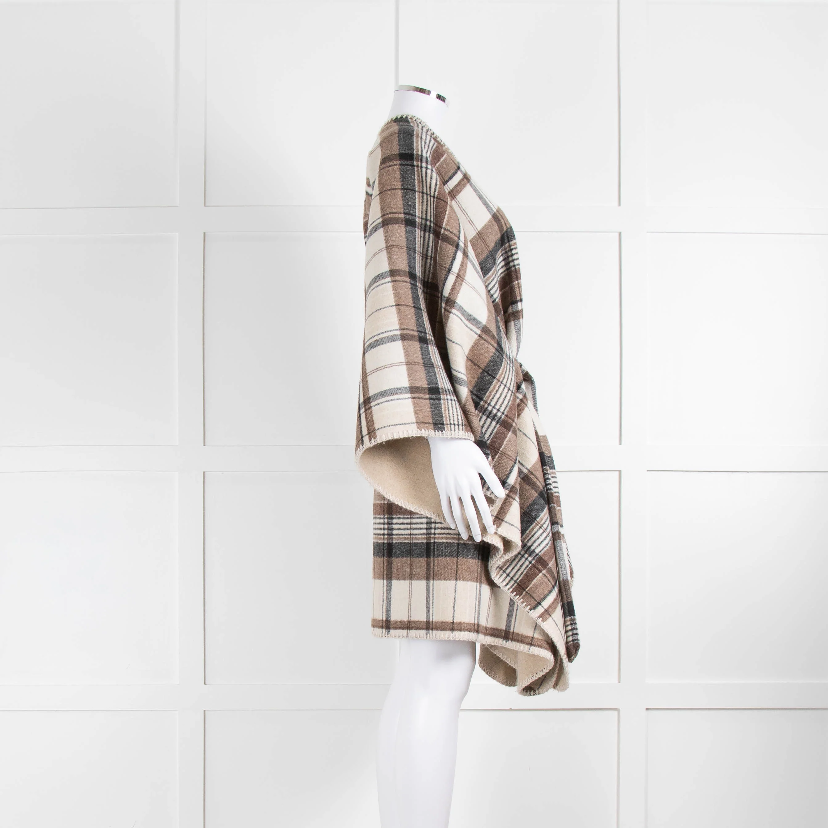 Weekend Max Mara Neutral Cream Brown Check Blanket Stitch Edged Cape - Image 2