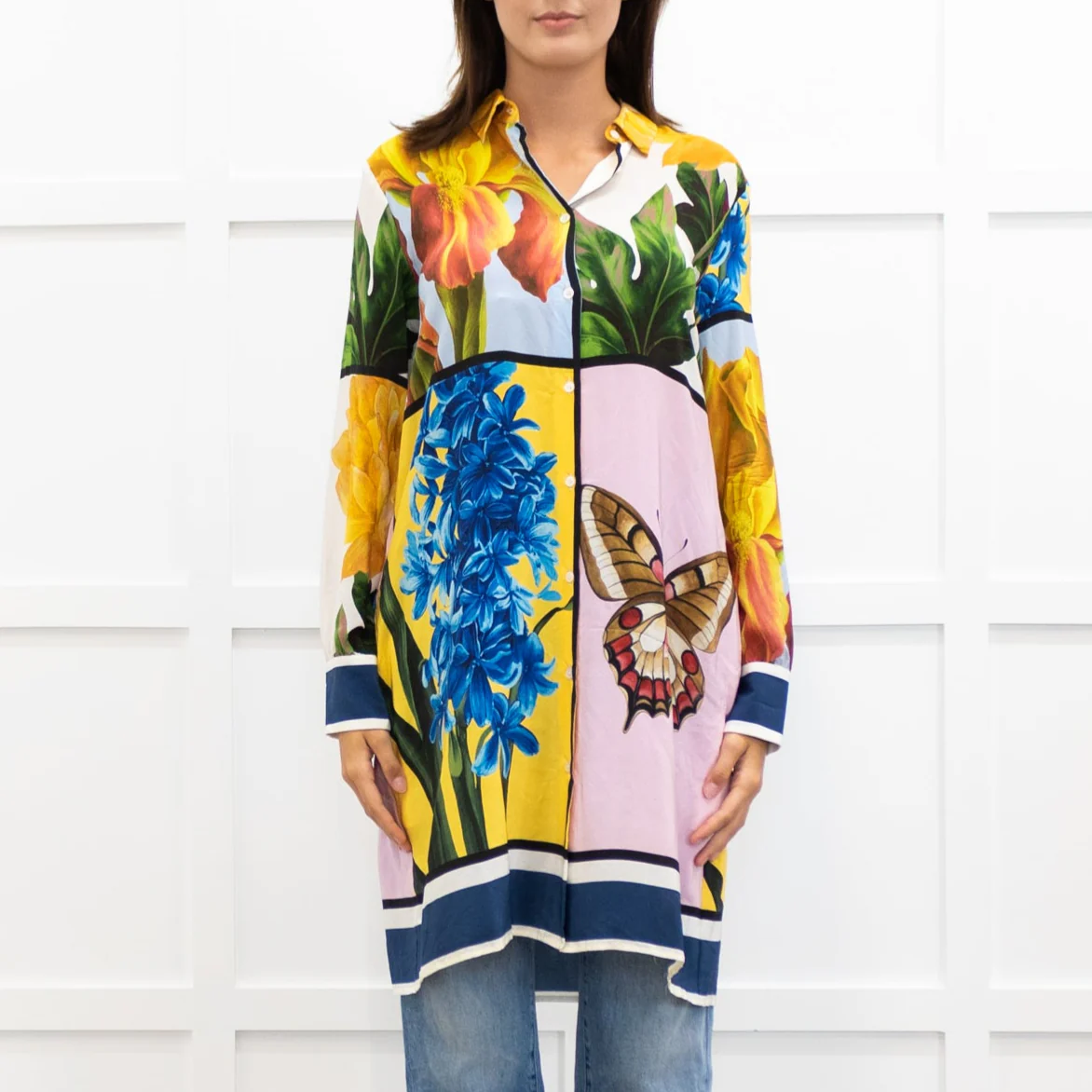 Weekend Max Mara Yellow Pink Green Silk Botanical Print Shirt Dress - Image 2
