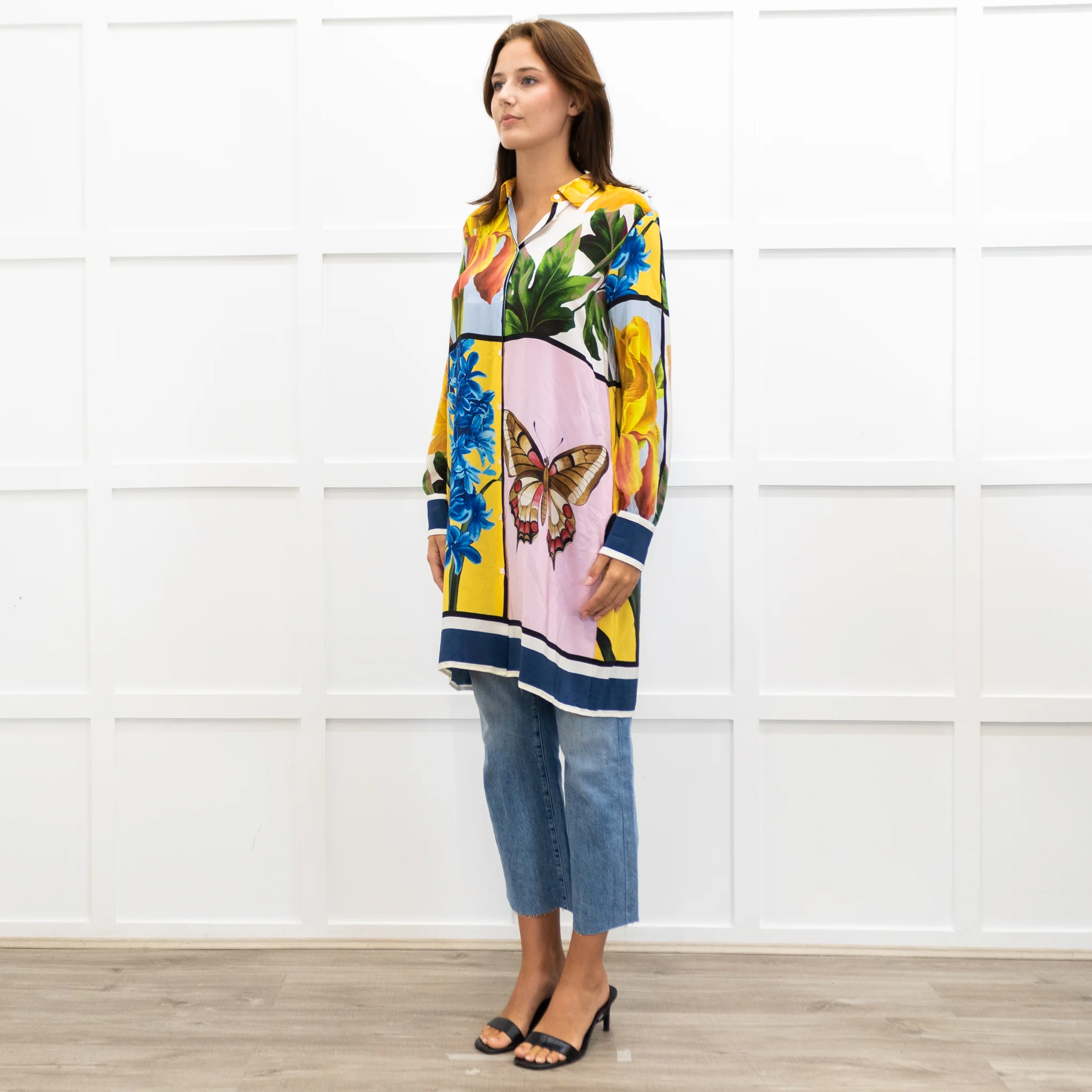 Weekend Max Mara Yellow Pink Green Silk Botanical Print Shirt Dress - Image 3