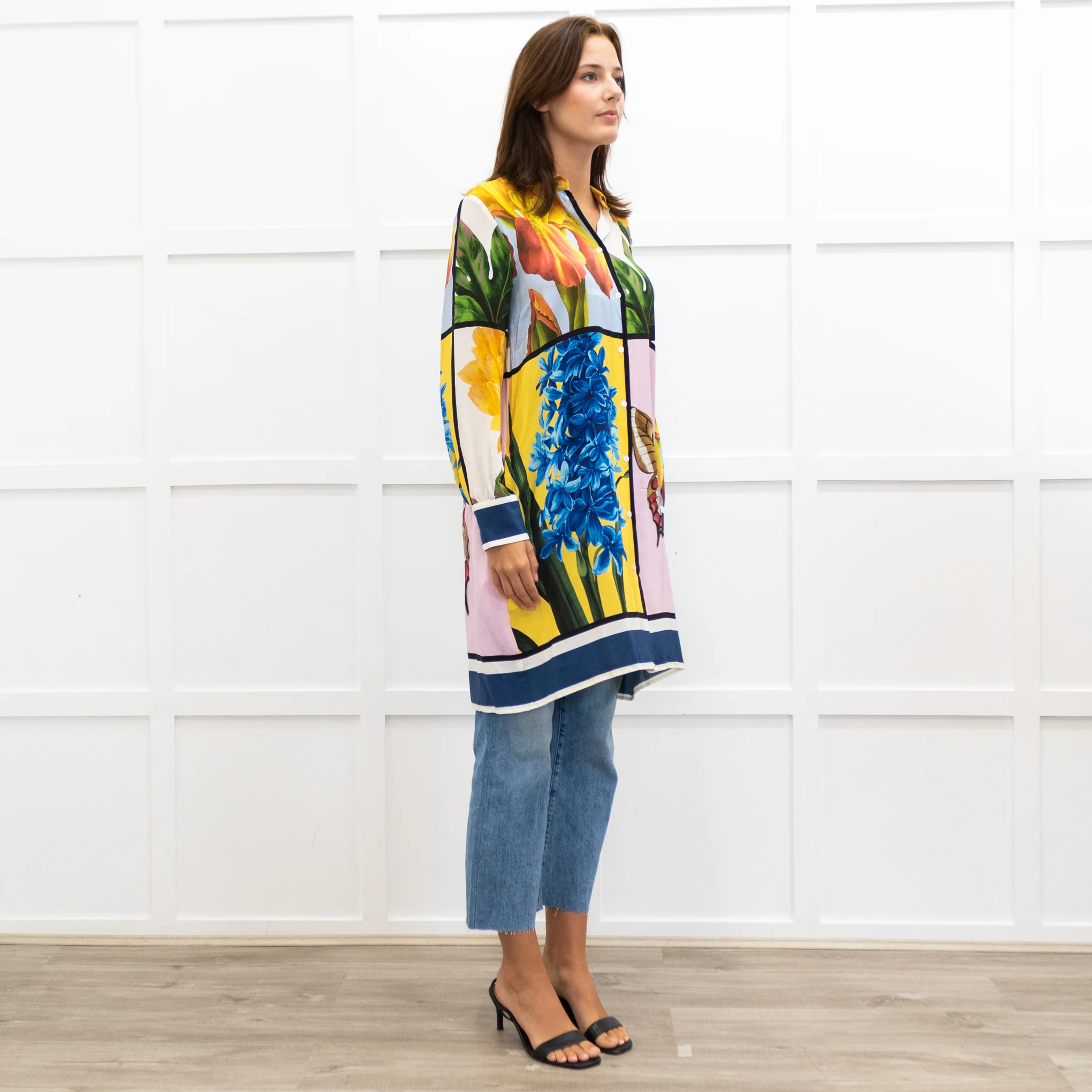 Weekend Max Mara Yellow Pink Green Silk Botanical Print Shirt Dress - Image 7
