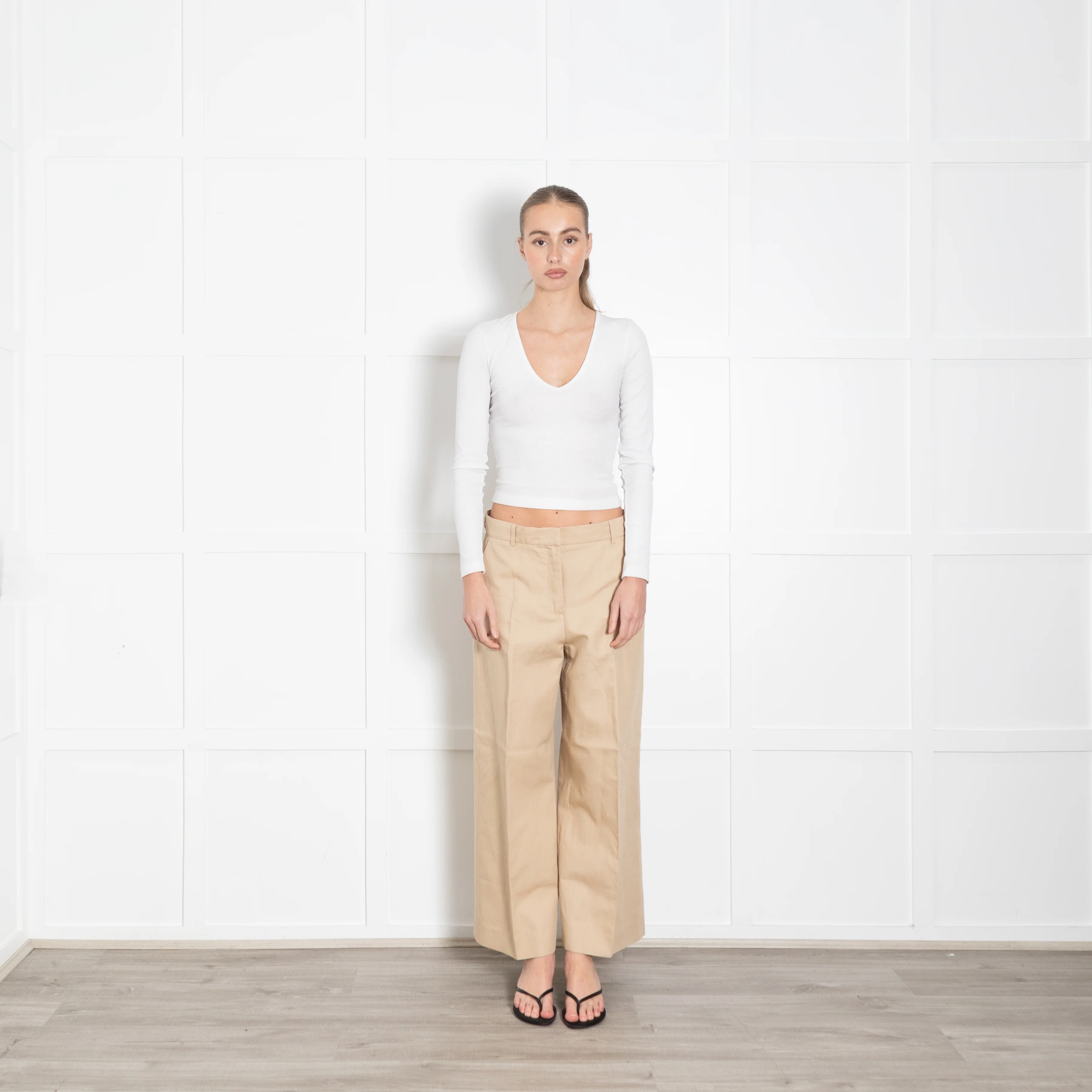 Weekend Maxmara Beige Crop Cotton Wide Leg Trousers