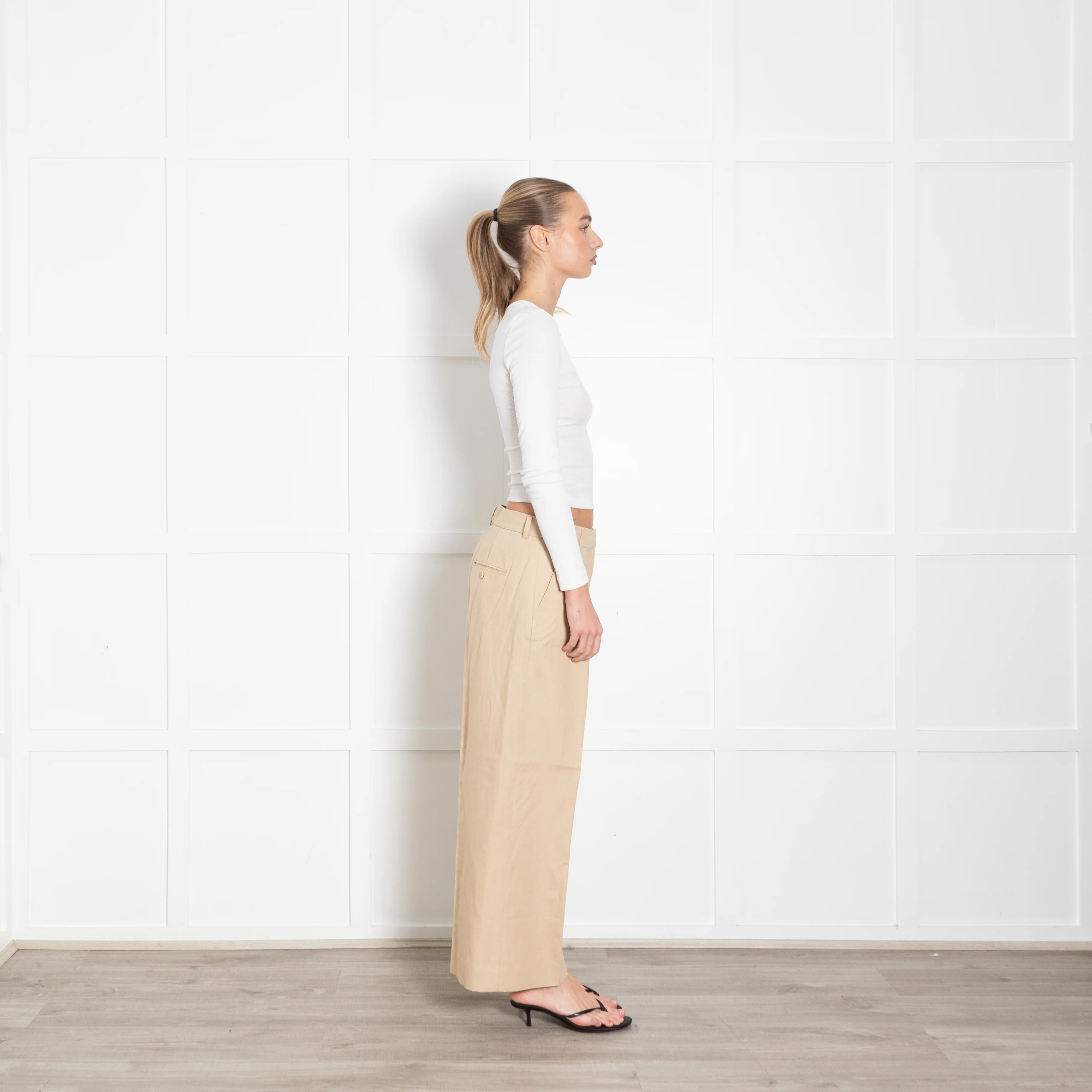 Weekend Maxmara Beige Crop Cotton Wide Leg Trousers - Image 6