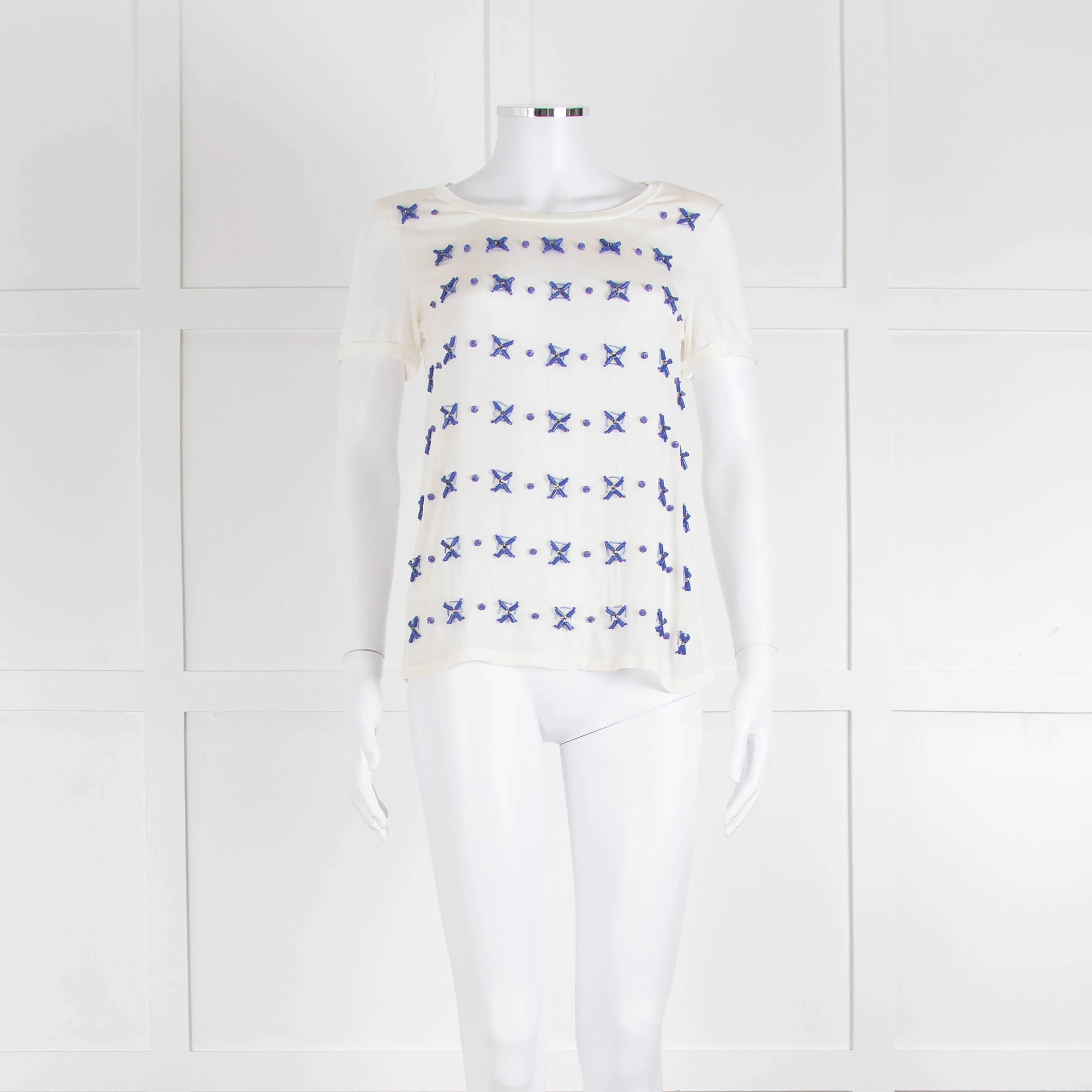 Weekend Max Mara White T-Shirt with Blue Beaded Front