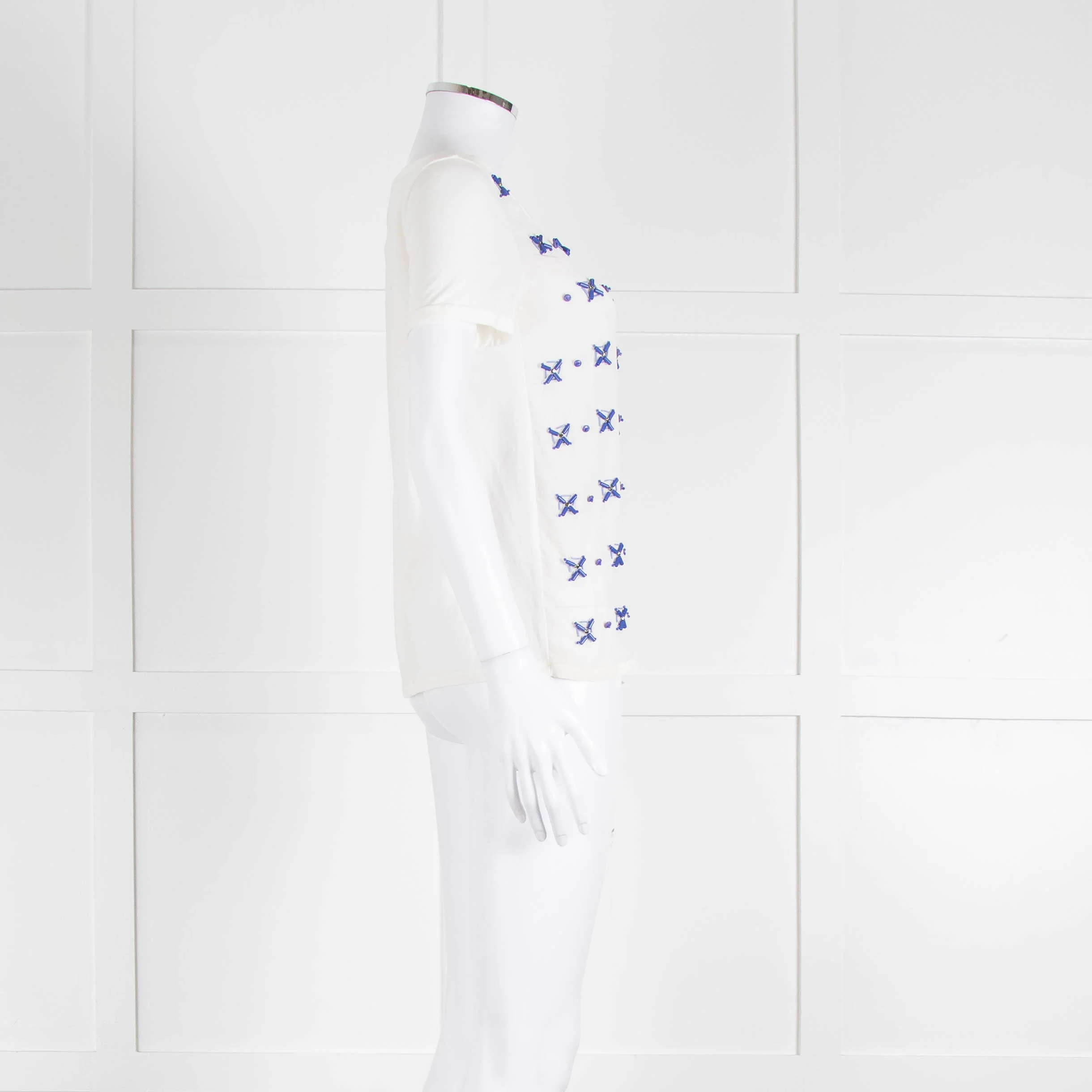 Weekend Max Mara White T-Shirt with Blue Beaded Front - Image 3