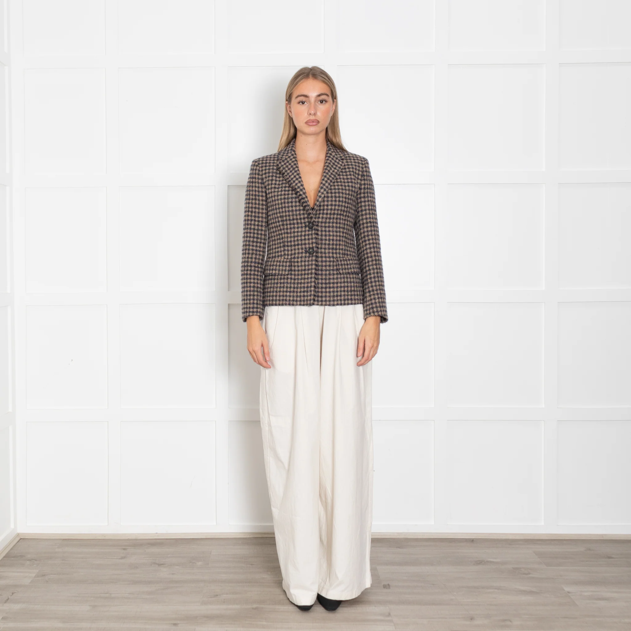Weekend Max Mara Brown Navy Check Raw Edge Wool Blazer