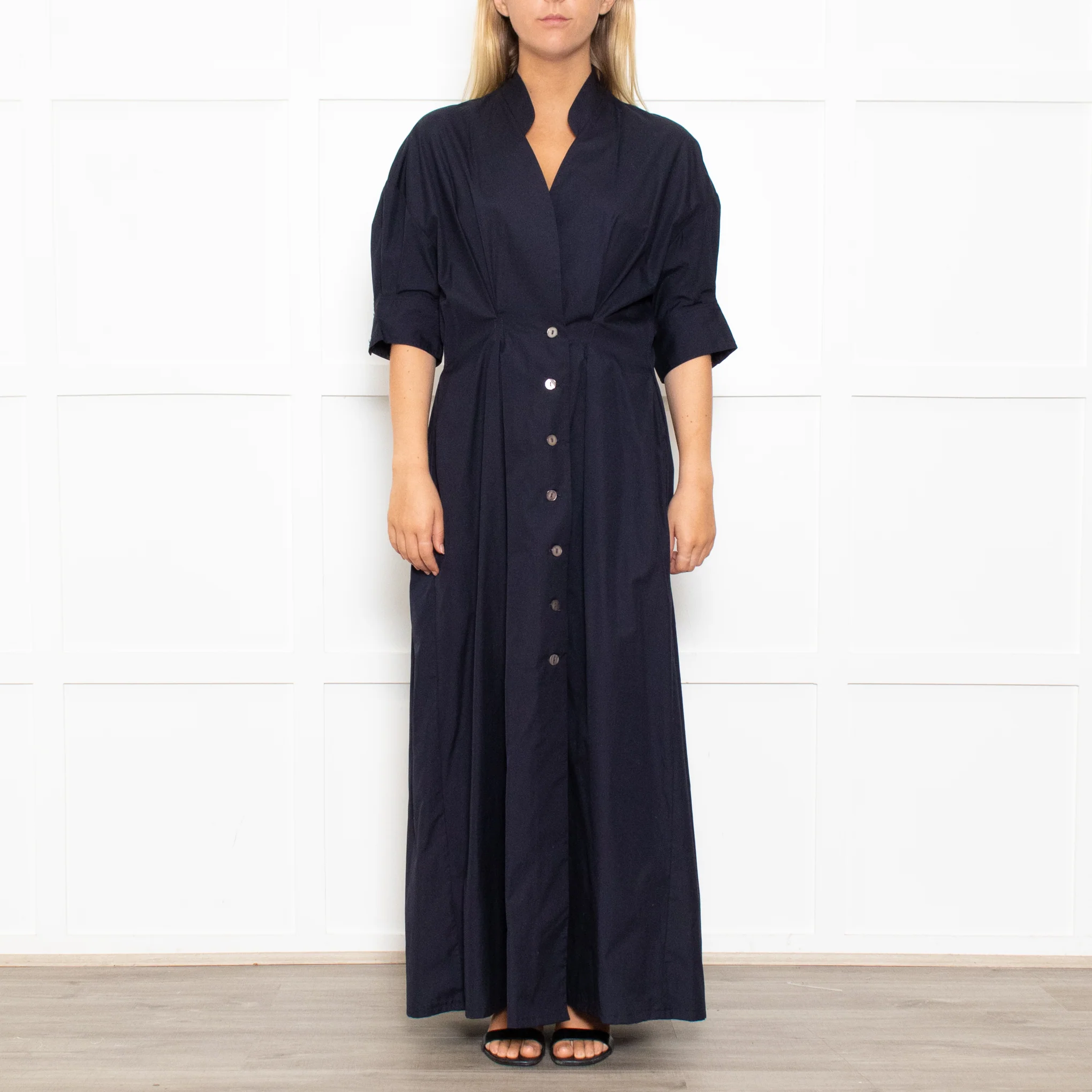 White Story Navy Cotton Gathered Waist Shirt Dress - Image 2