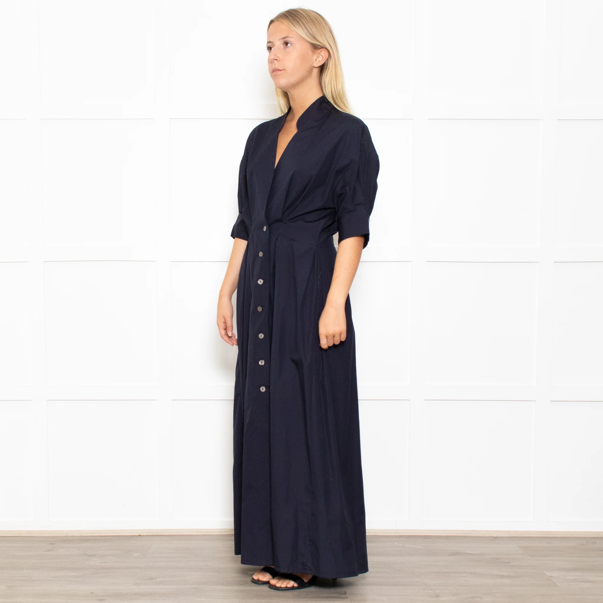 White Story Navy Cotton Gathered Waist Shirt Dress - Image 3