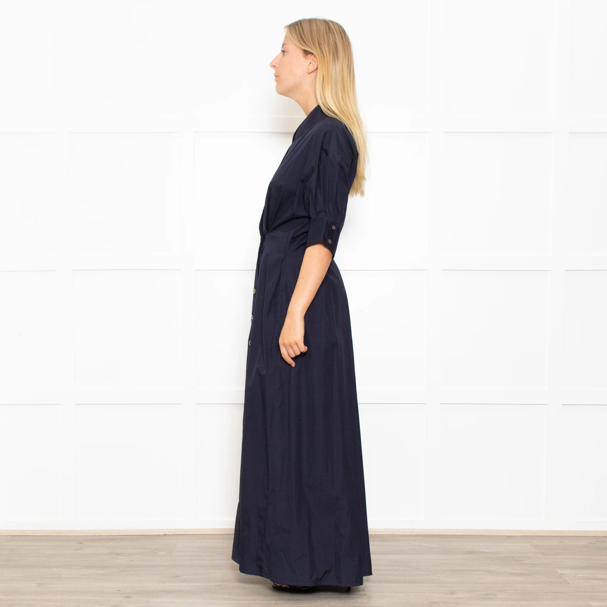 White Story Navy Cotton Gathered Waist Shirt Dress - Image 4