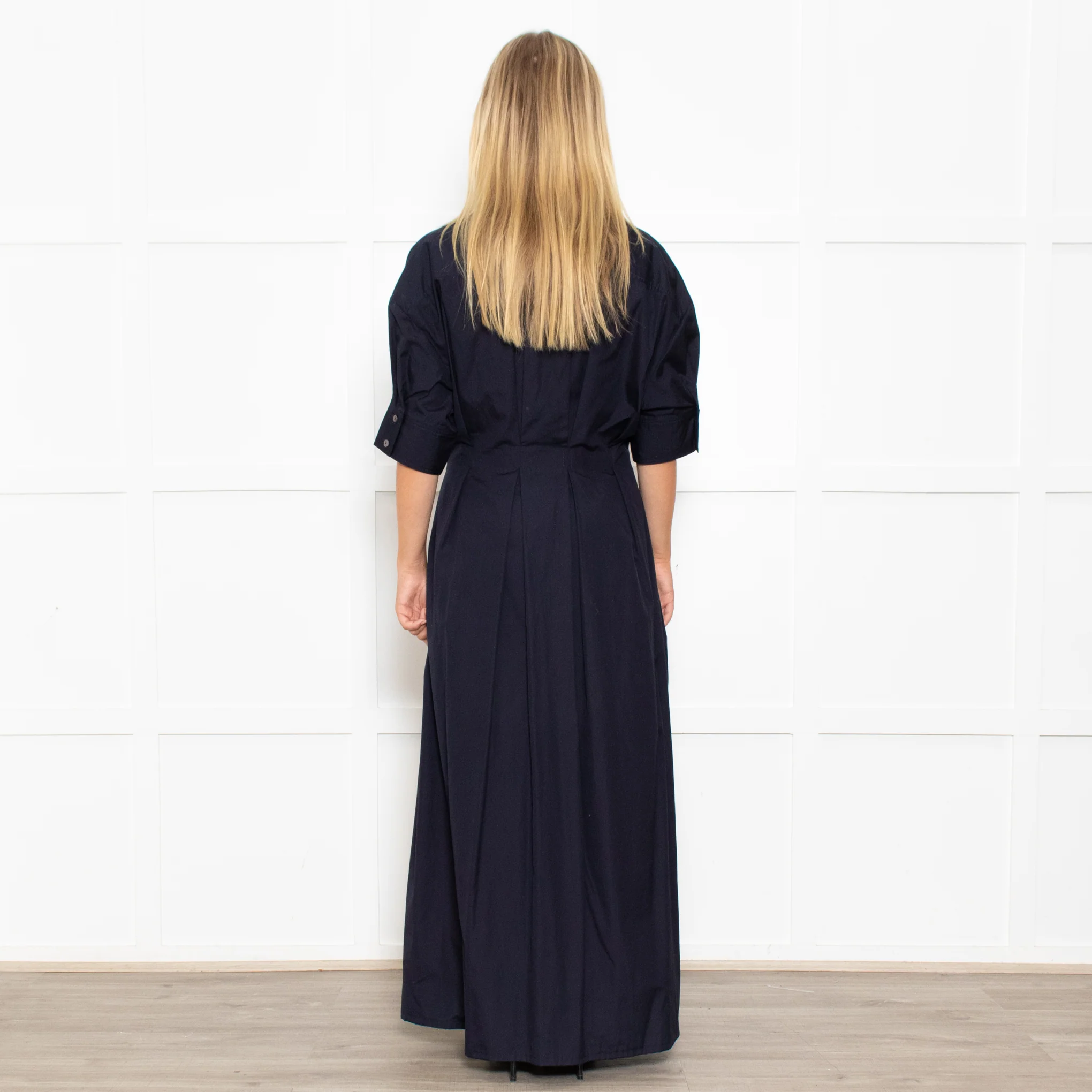 White Story Navy Cotton Gathered Waist Shirt Dress - Image 5