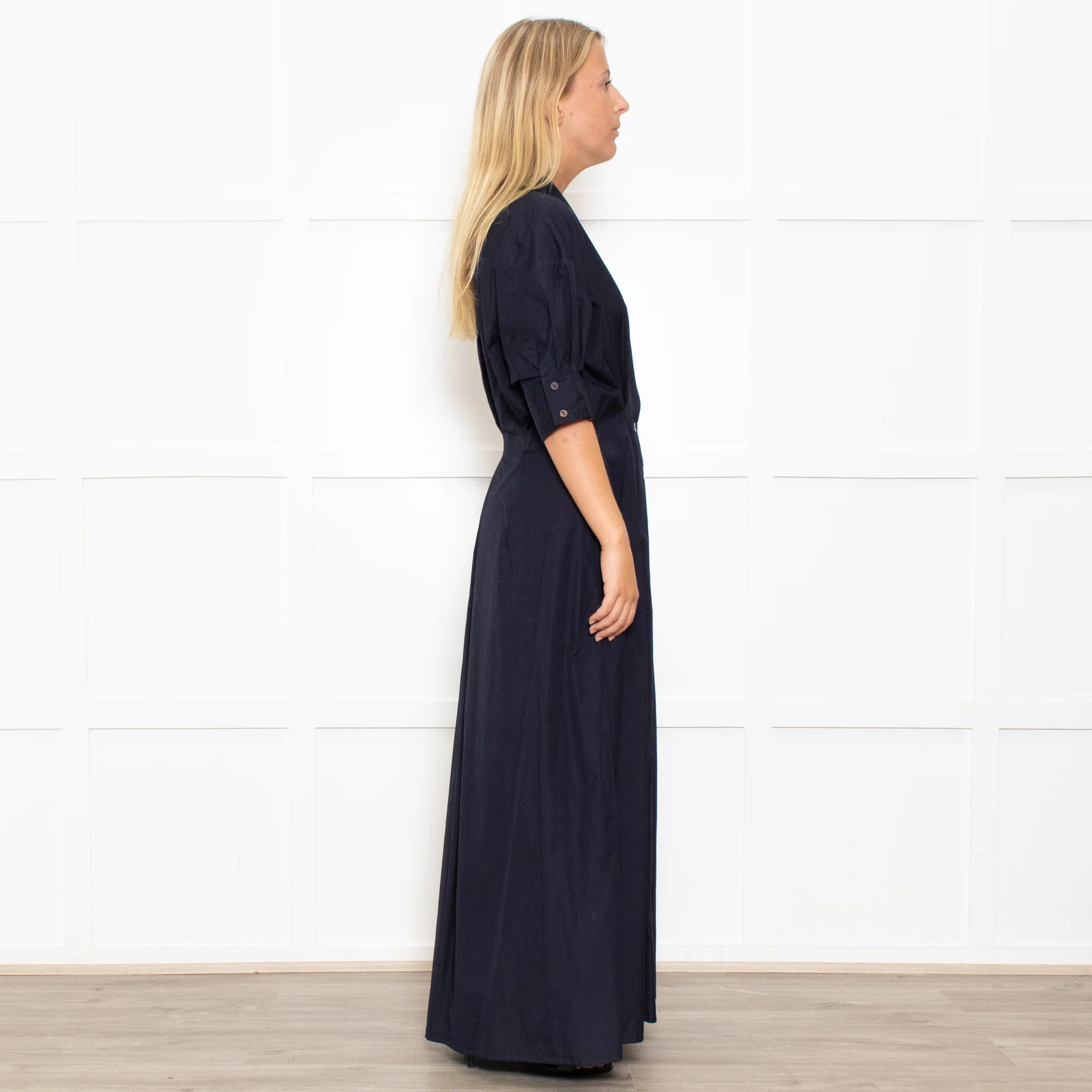 White Story Navy Cotton Gathered Waist Shirt Dress - Image 6