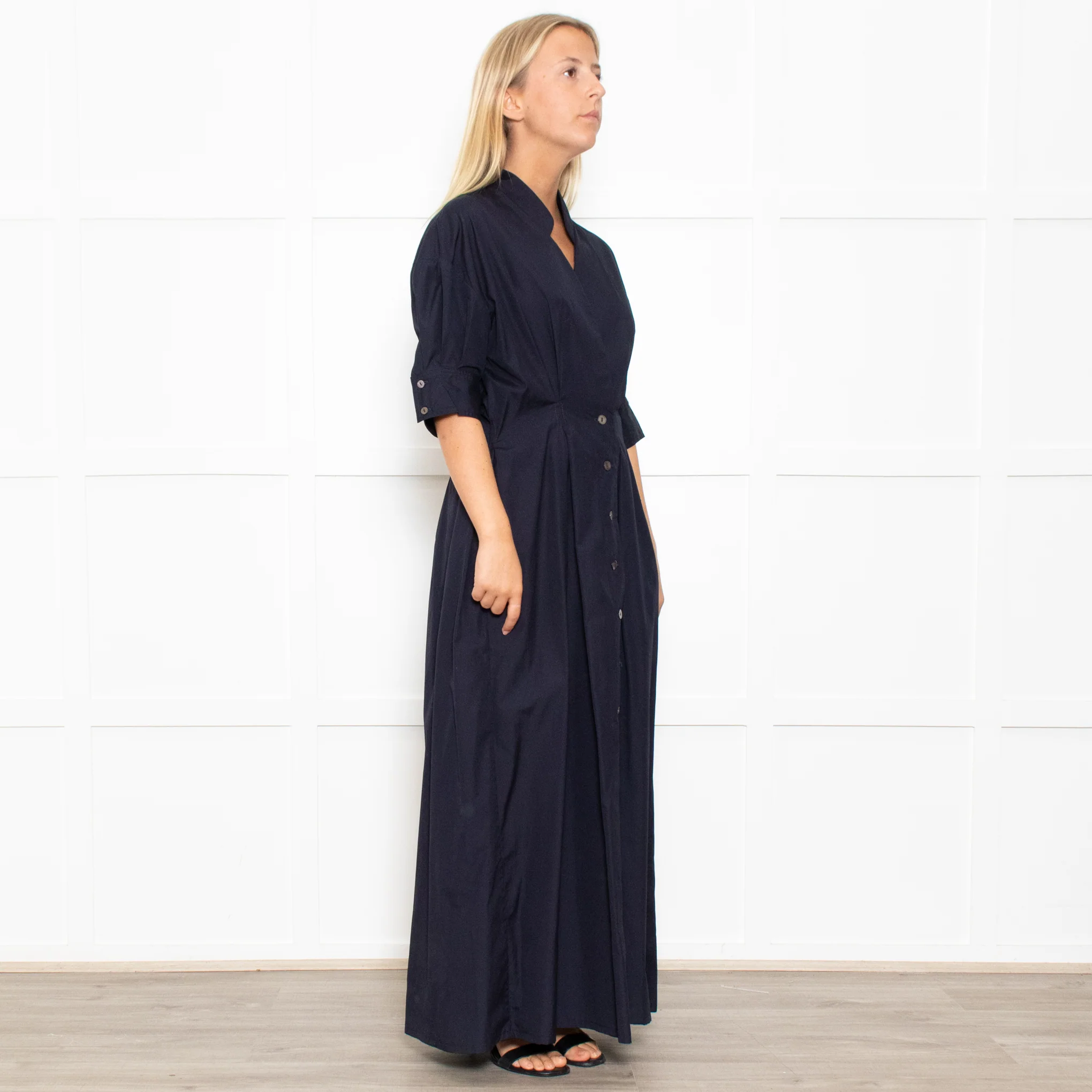 White Story Navy Cotton Gathered Waist Shirt Dress - Image 7