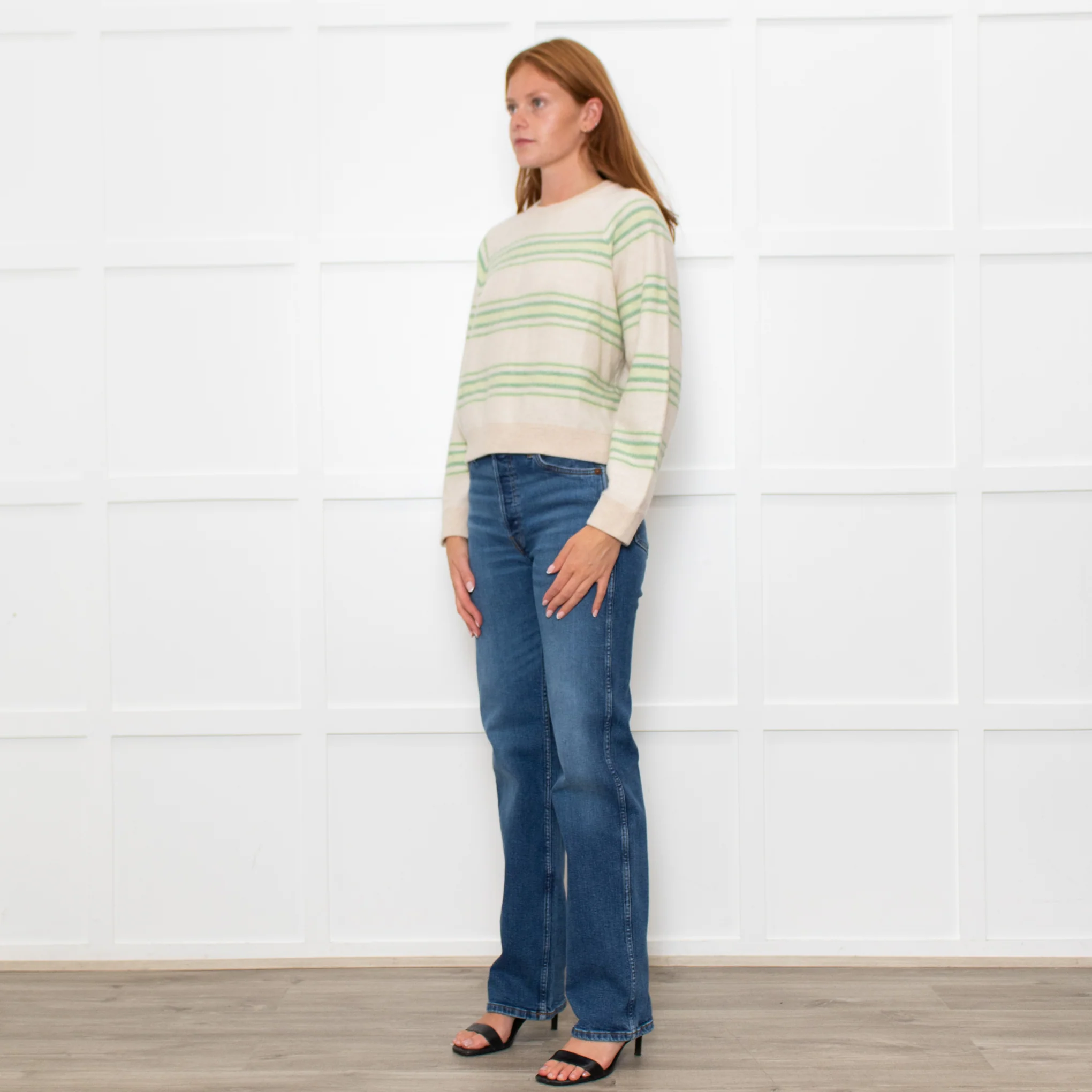 White + Warren Cream Cashmere Green Blanket Stripe Sweatshirt - Image 3