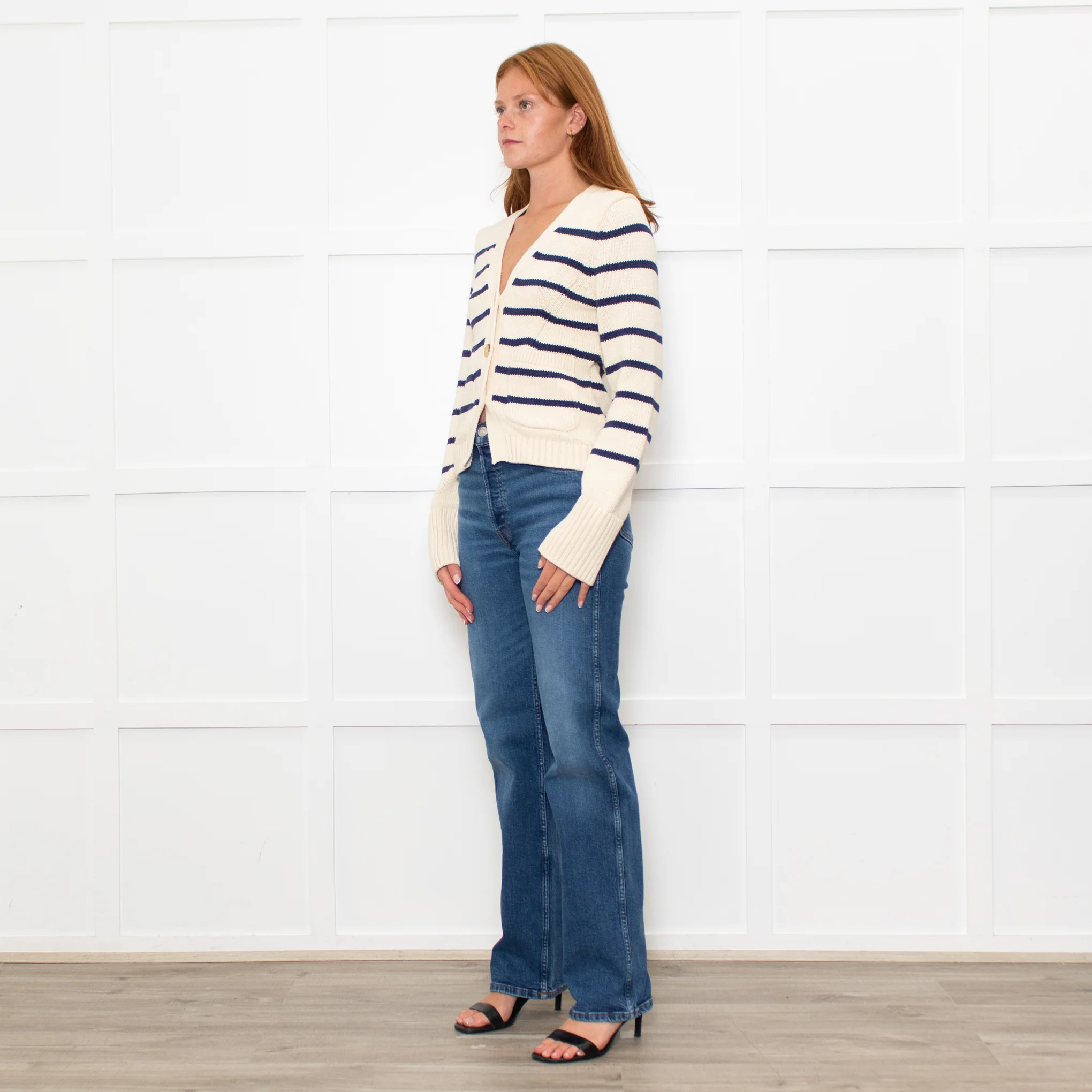 White + Warren Ivory Navy Striped Cotton Cardigan - Image 3