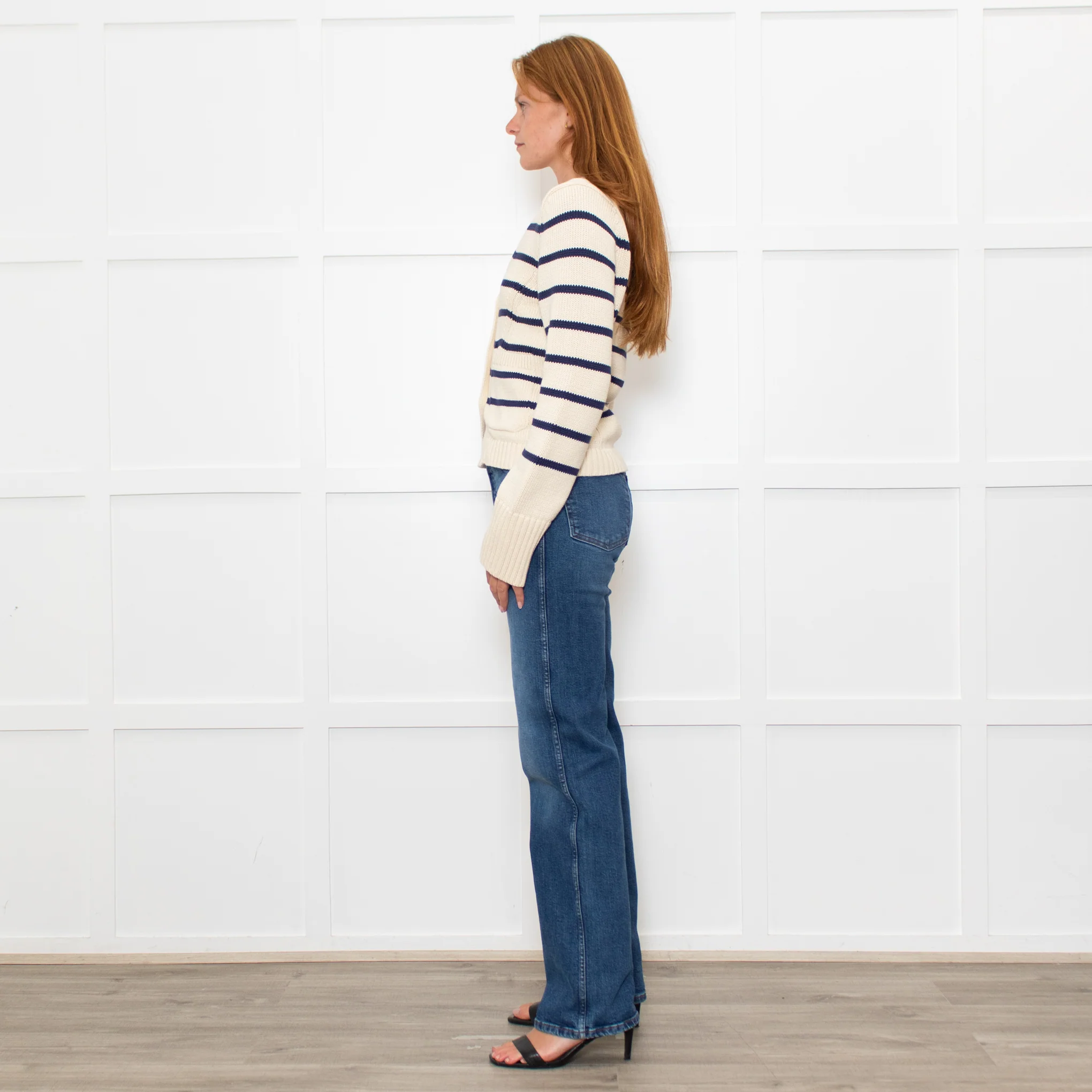 White + Warren Ivory Navy Striped Cotton Cardigan - Image 4
