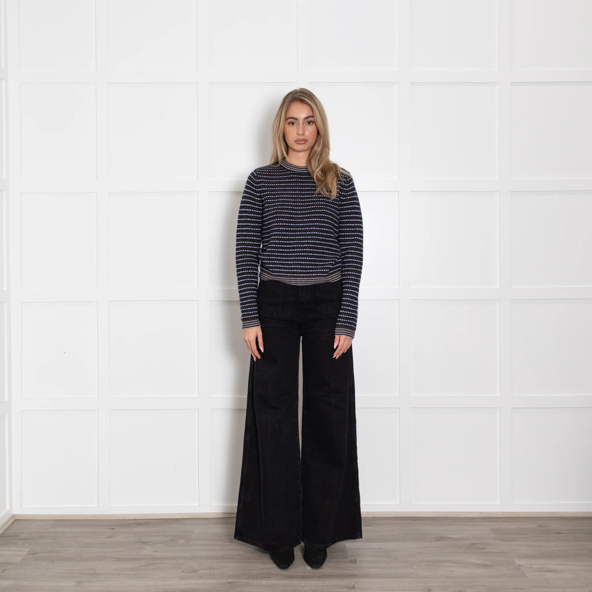 White + Warren Navy Brown And White Stripe Cashmere Jumper