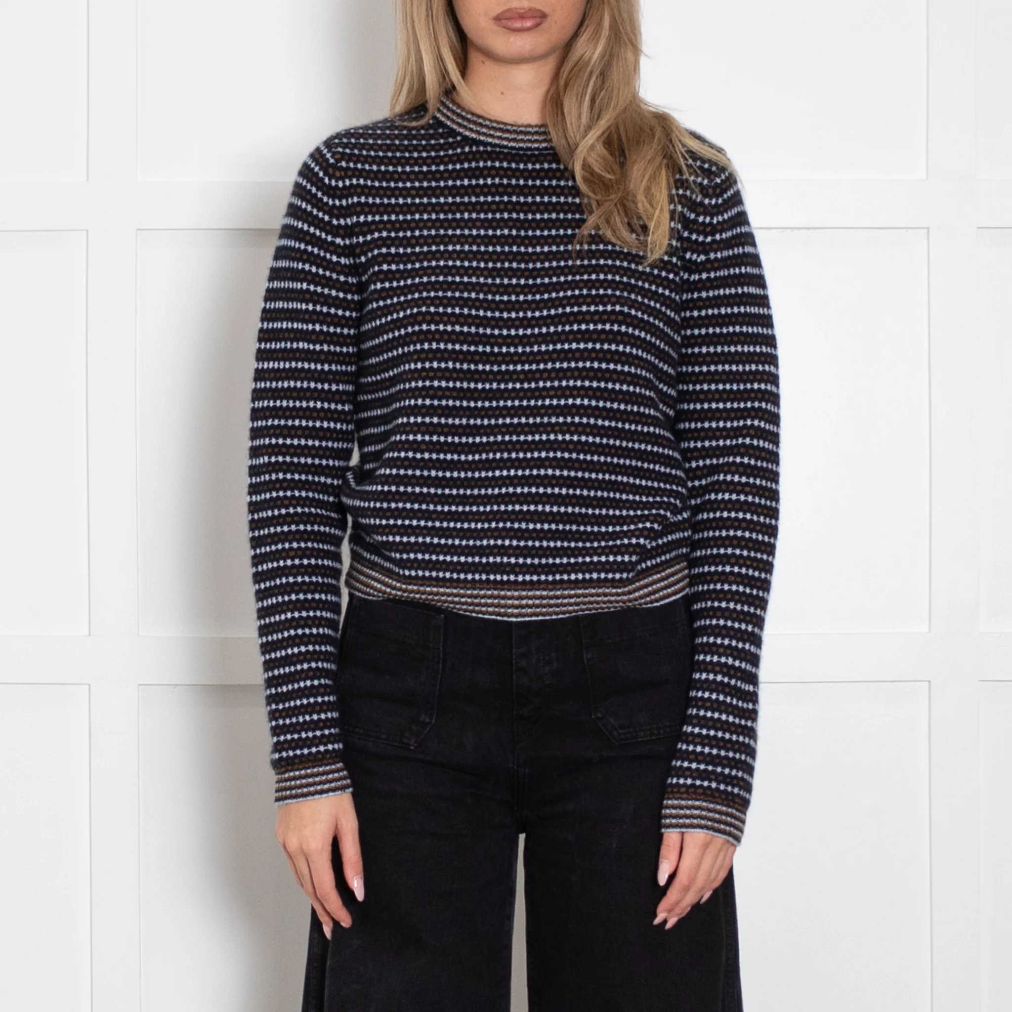 White + Warren Navy Brown And White Stripe Cashmere Jumper - Image 2