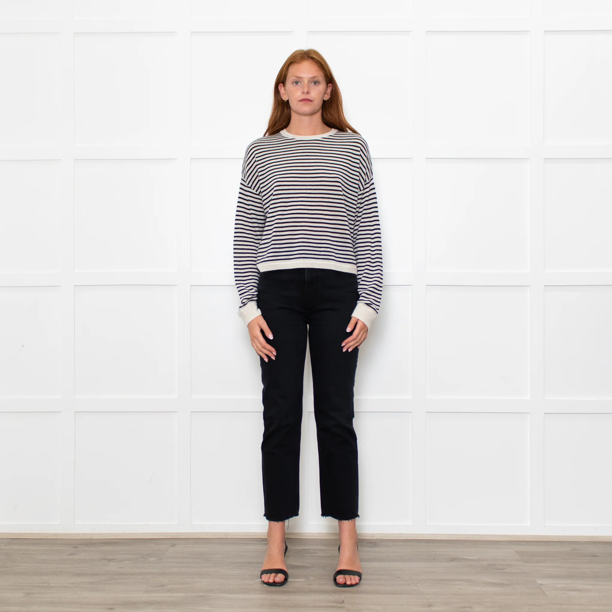 White + Warren White/Black Striped Fine Cashmere Blend Sweatshirt