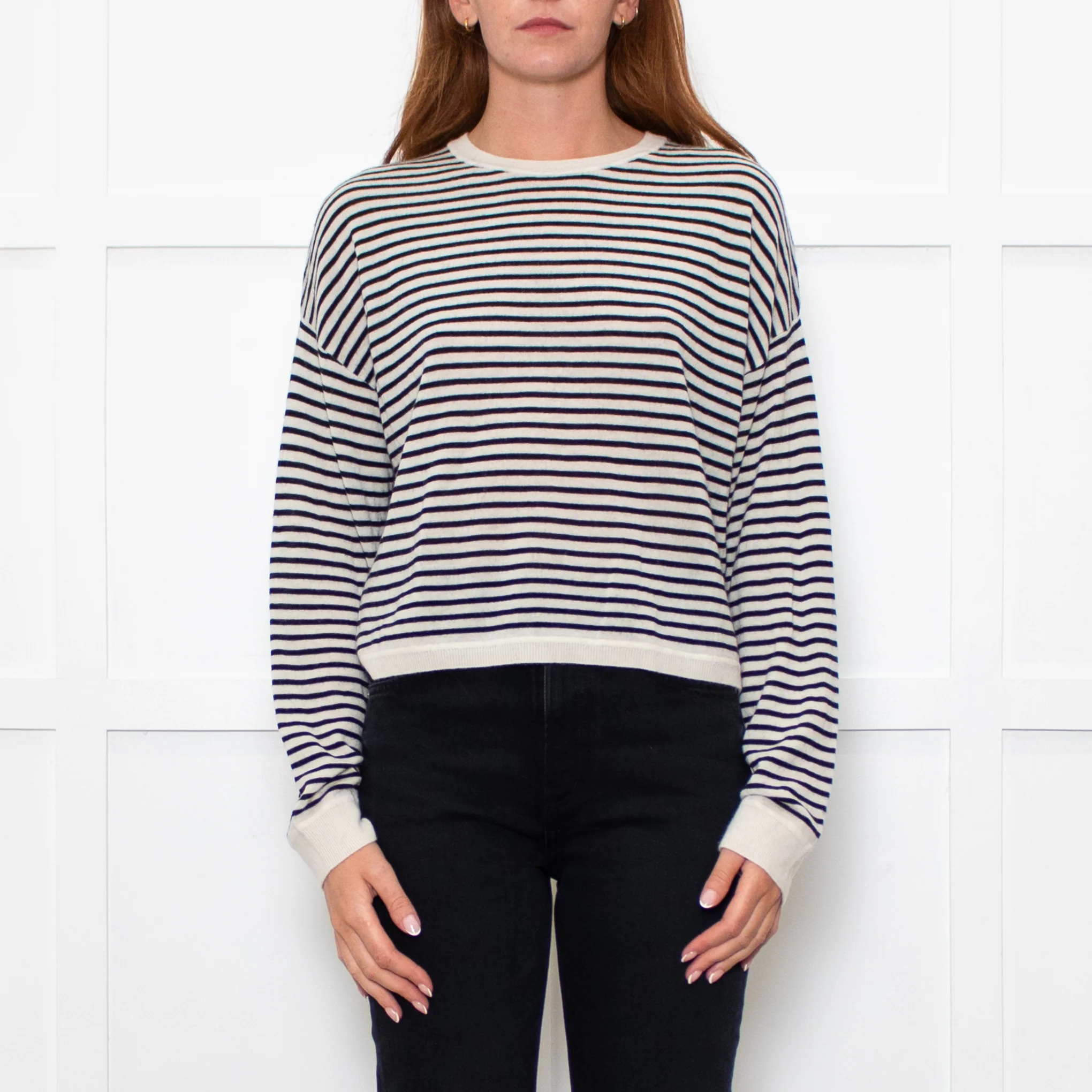 White + Warren White/Black Striped Fine Cashmere Blend Sweatshirt - Image 2