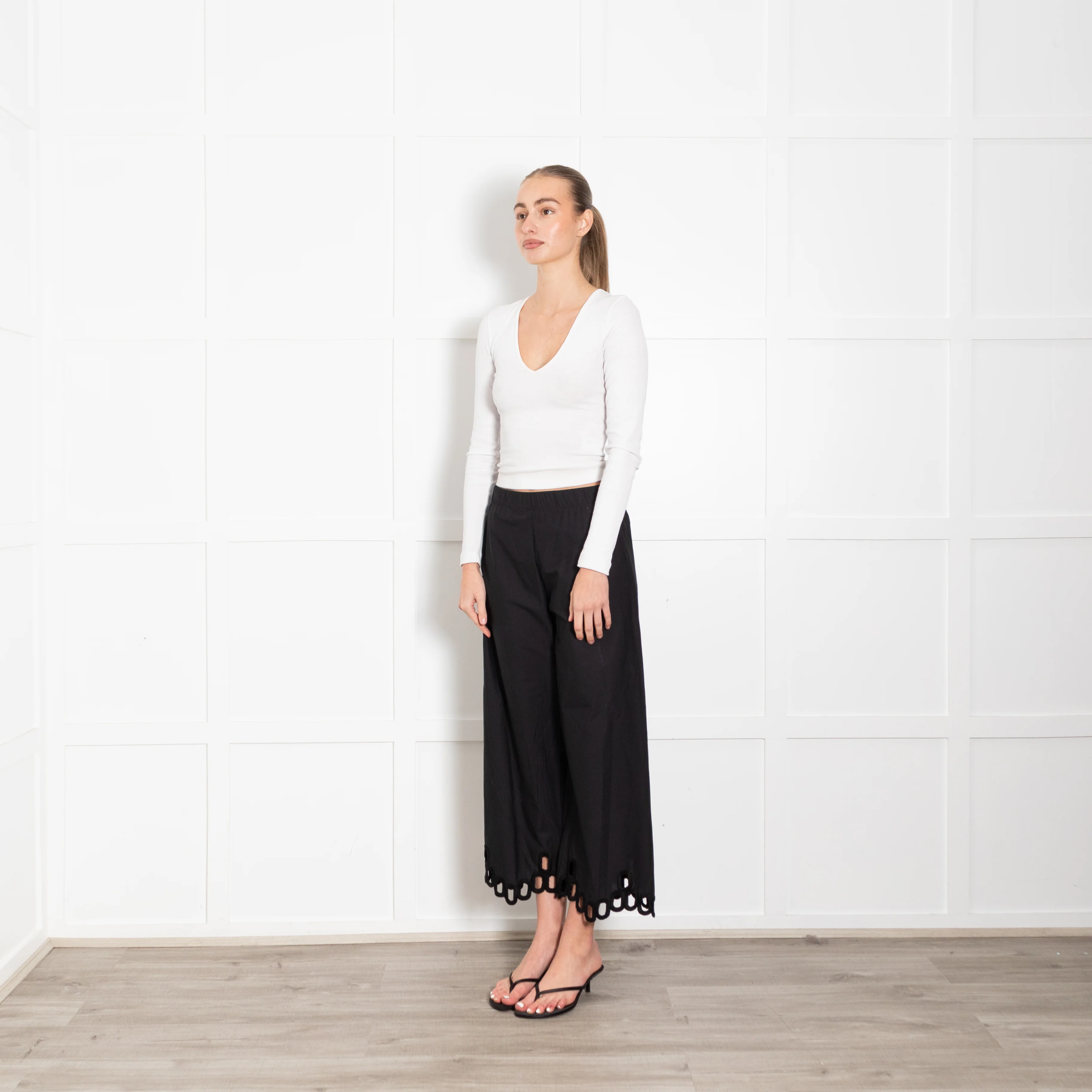 Whyci Black Cotton Embroidery Trim Trousers - Image 3