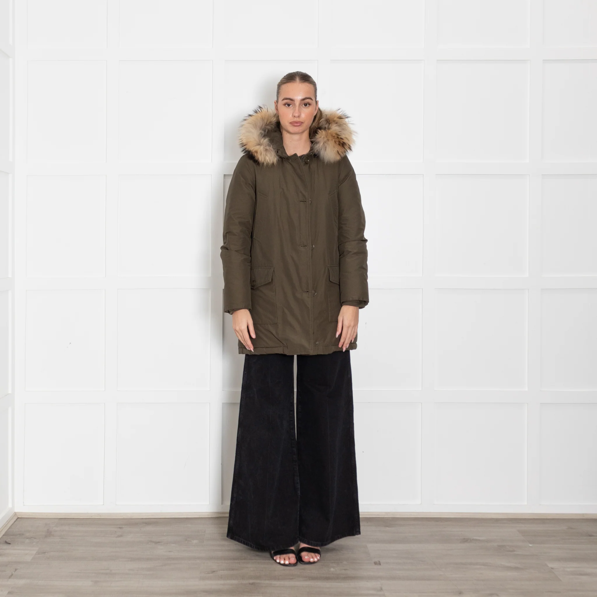 Woolrich Khaki Fur Trim Hooded Puffer Jacket