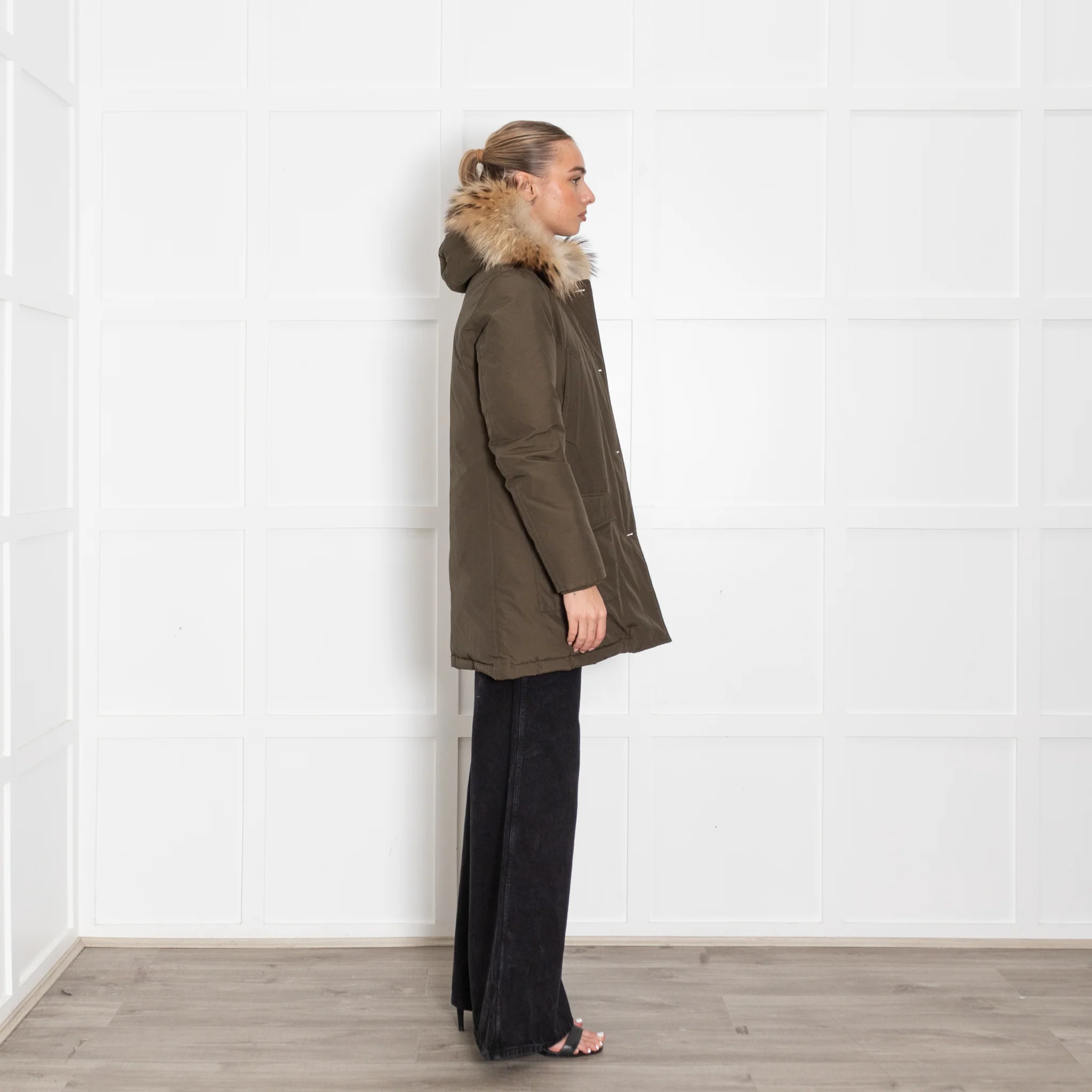 Woolrich Khaki Fur Trim Hooded Puffer Jacket - Image 6