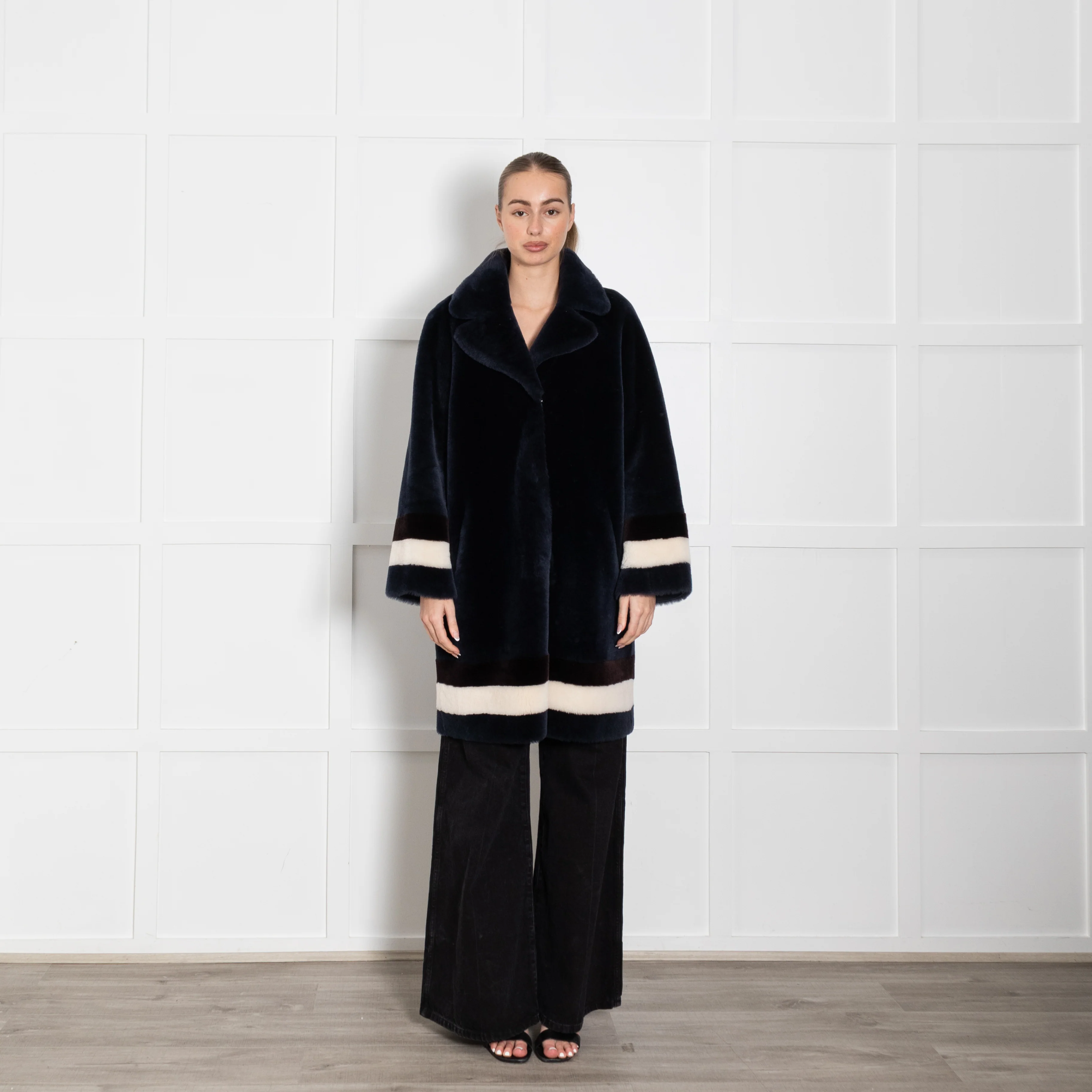 Wunder Fell Blue Shearling With White Stripe Cuff And Hem