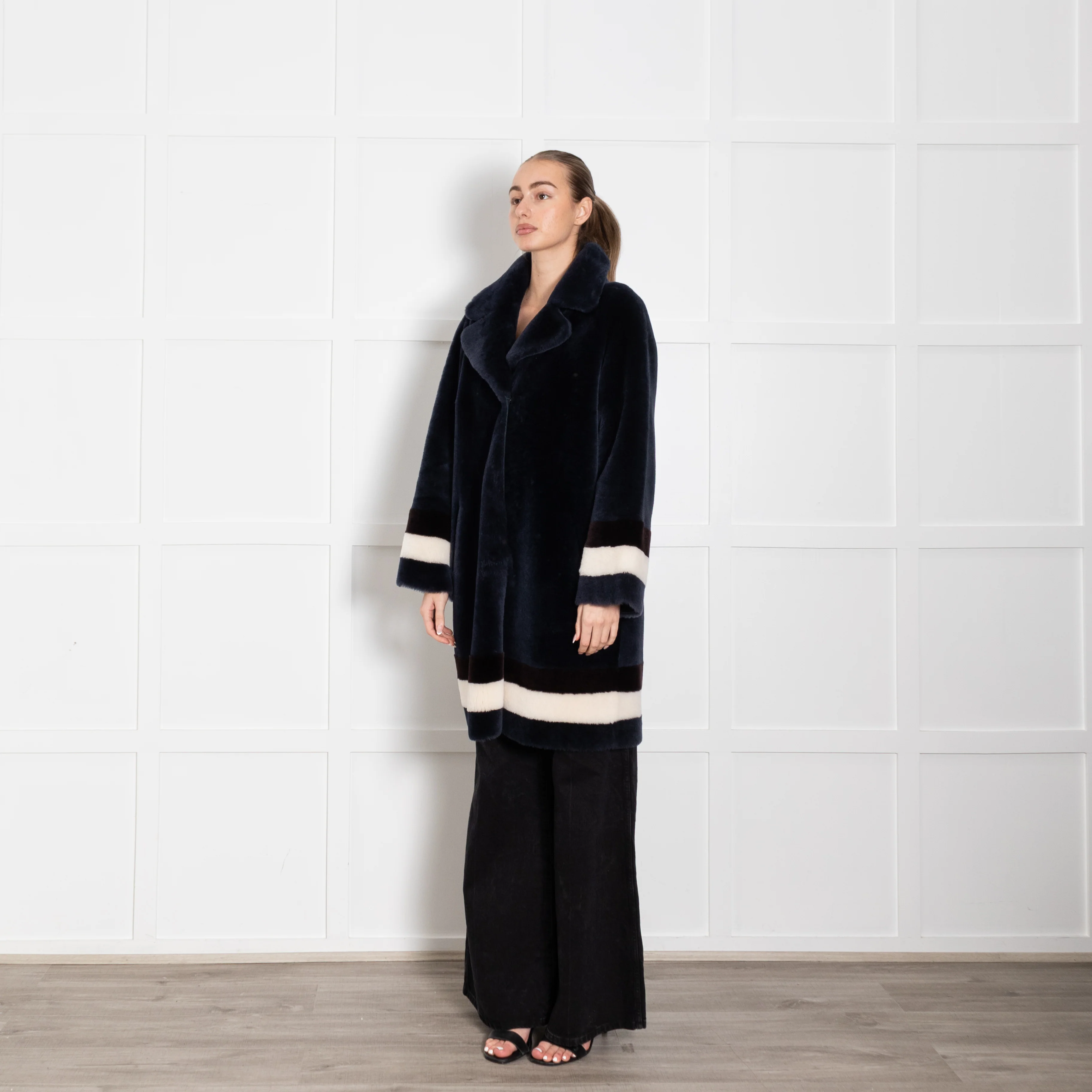Wunder Fell Blue Shearling With White Stripe Cuff And Hem - Image 3