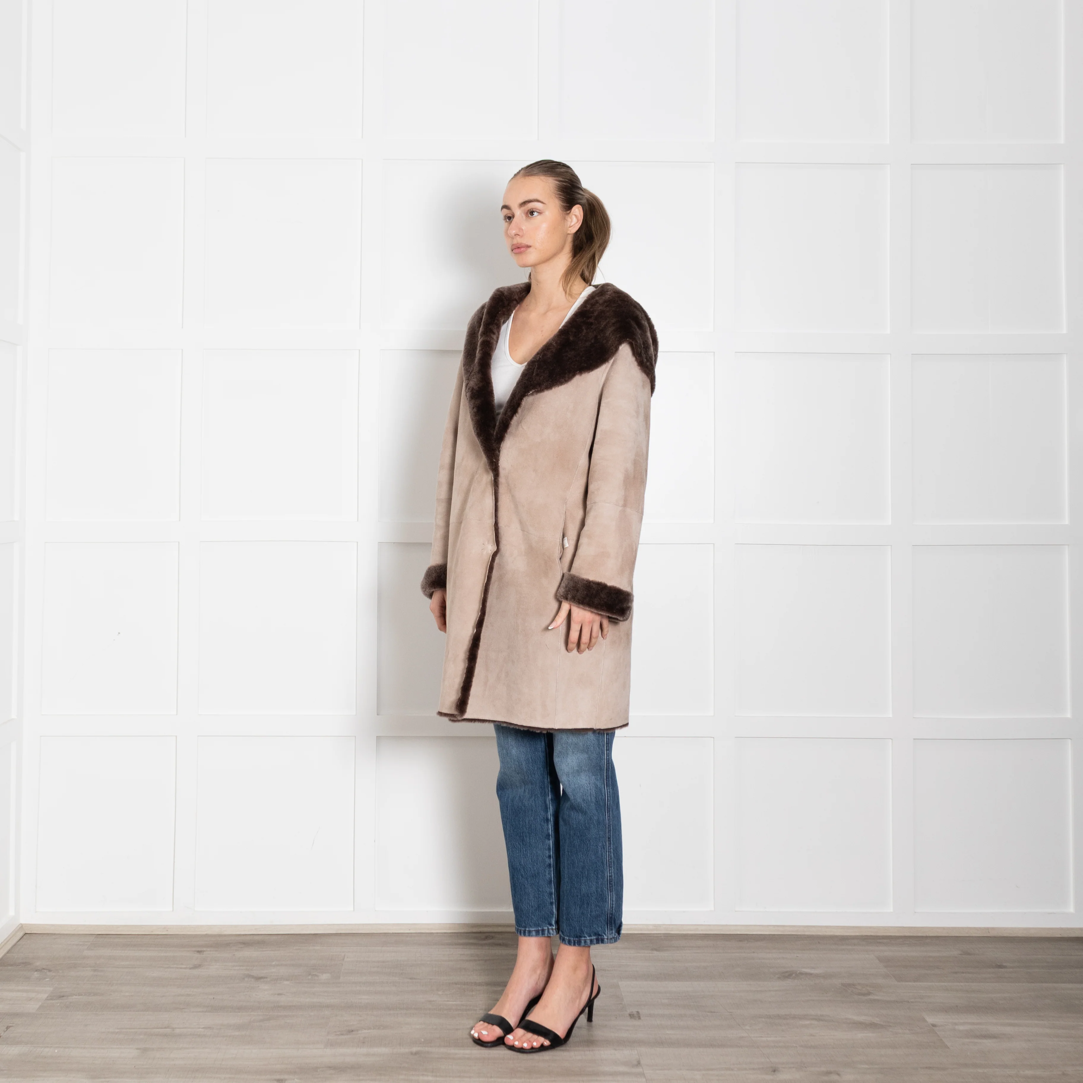 Wunder Fell Taupe Shearling Coat With Hood - Image 3