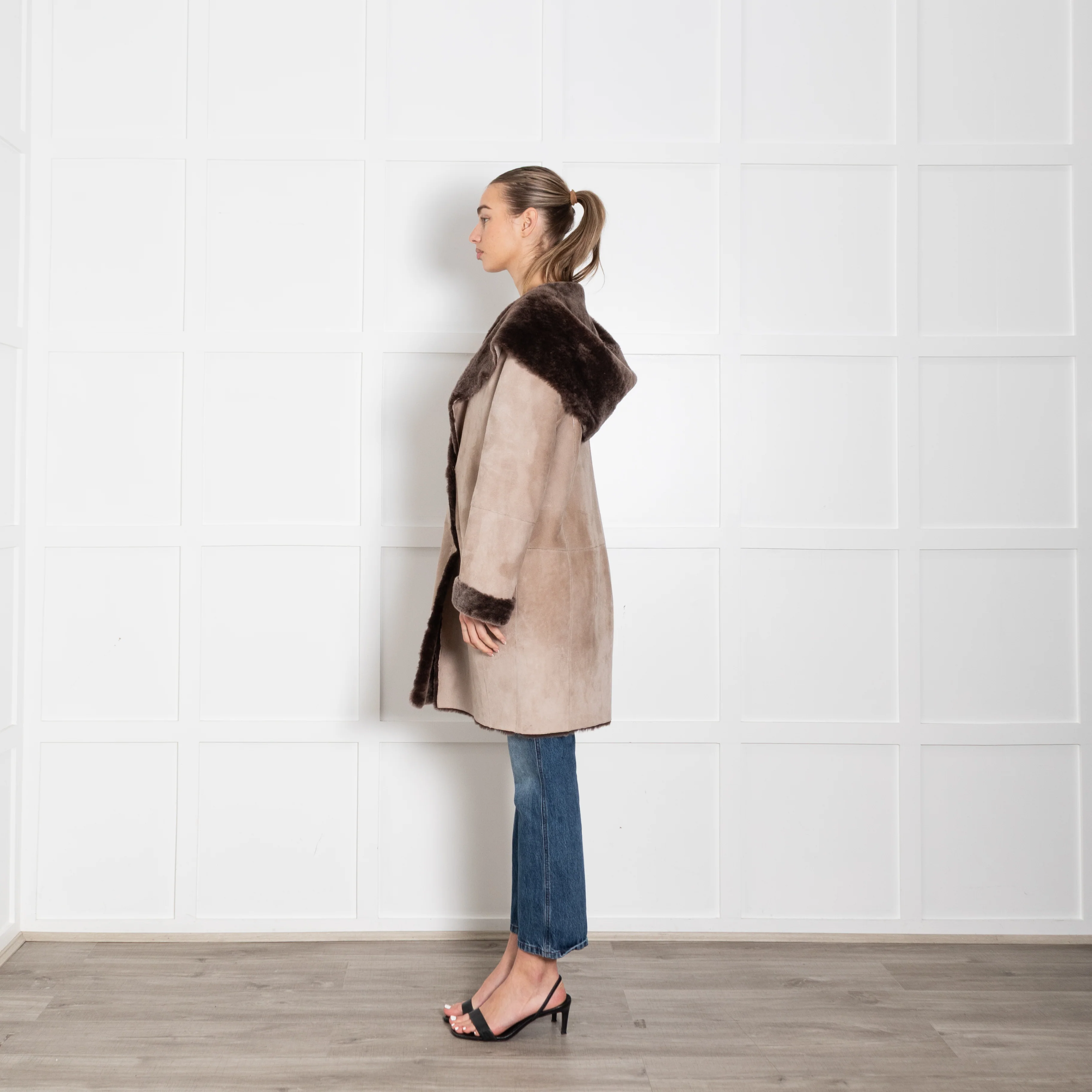 Wunder Fell Taupe Shearling Coat With Hood - Image 4