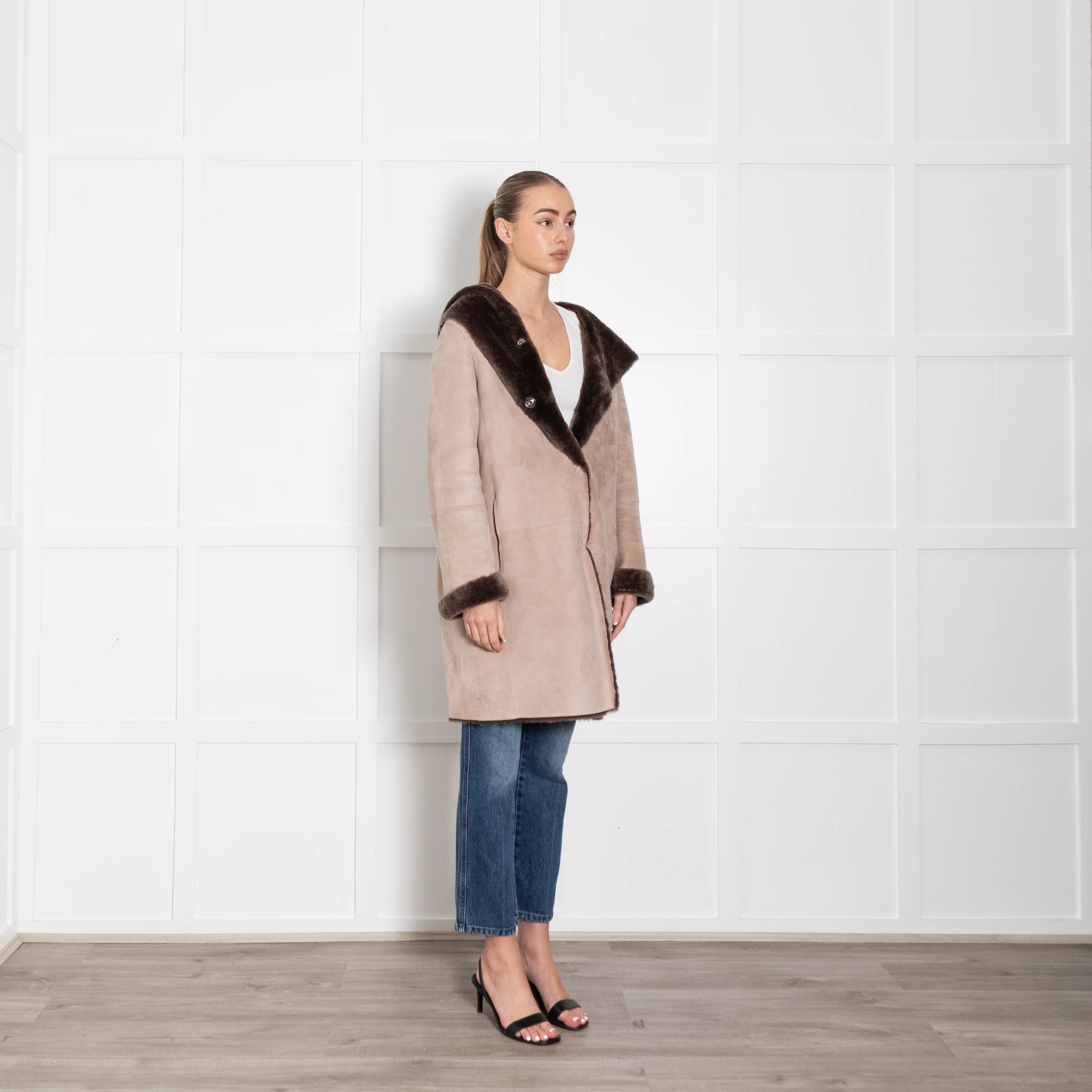 Wunder Fell Taupe Shearling Coat With Hood - Image 7