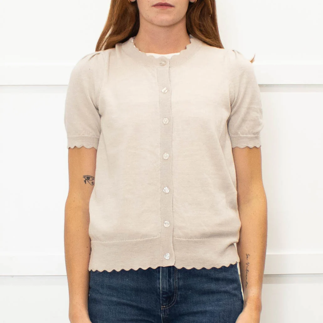 Wyse Beige Merino Wool Scallop Shape Cardigan - Image 2