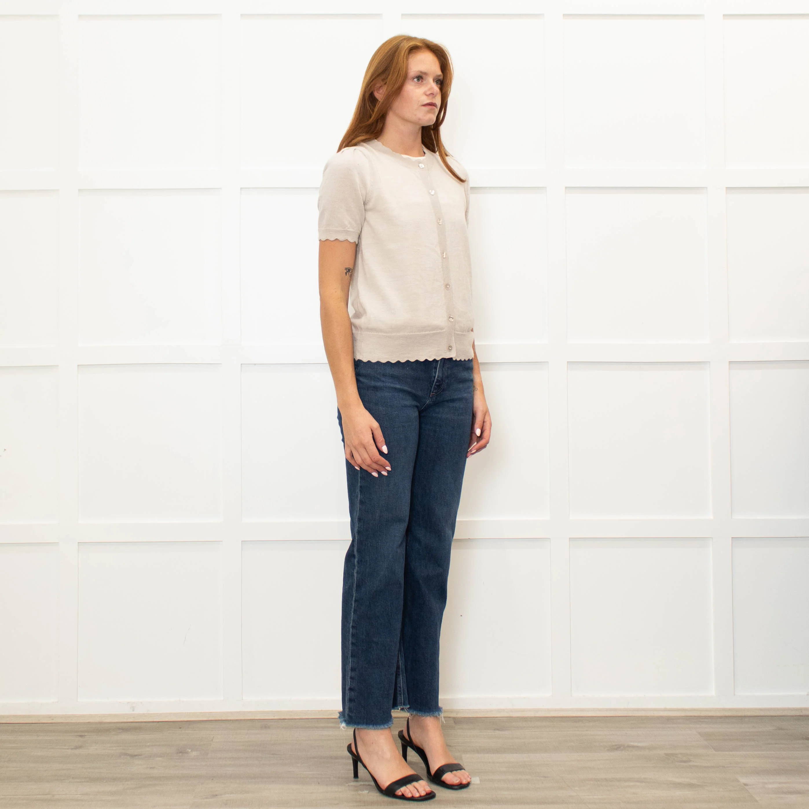 Wyse Beige Merino Wool Scallop Shape Cardigan - Image 7