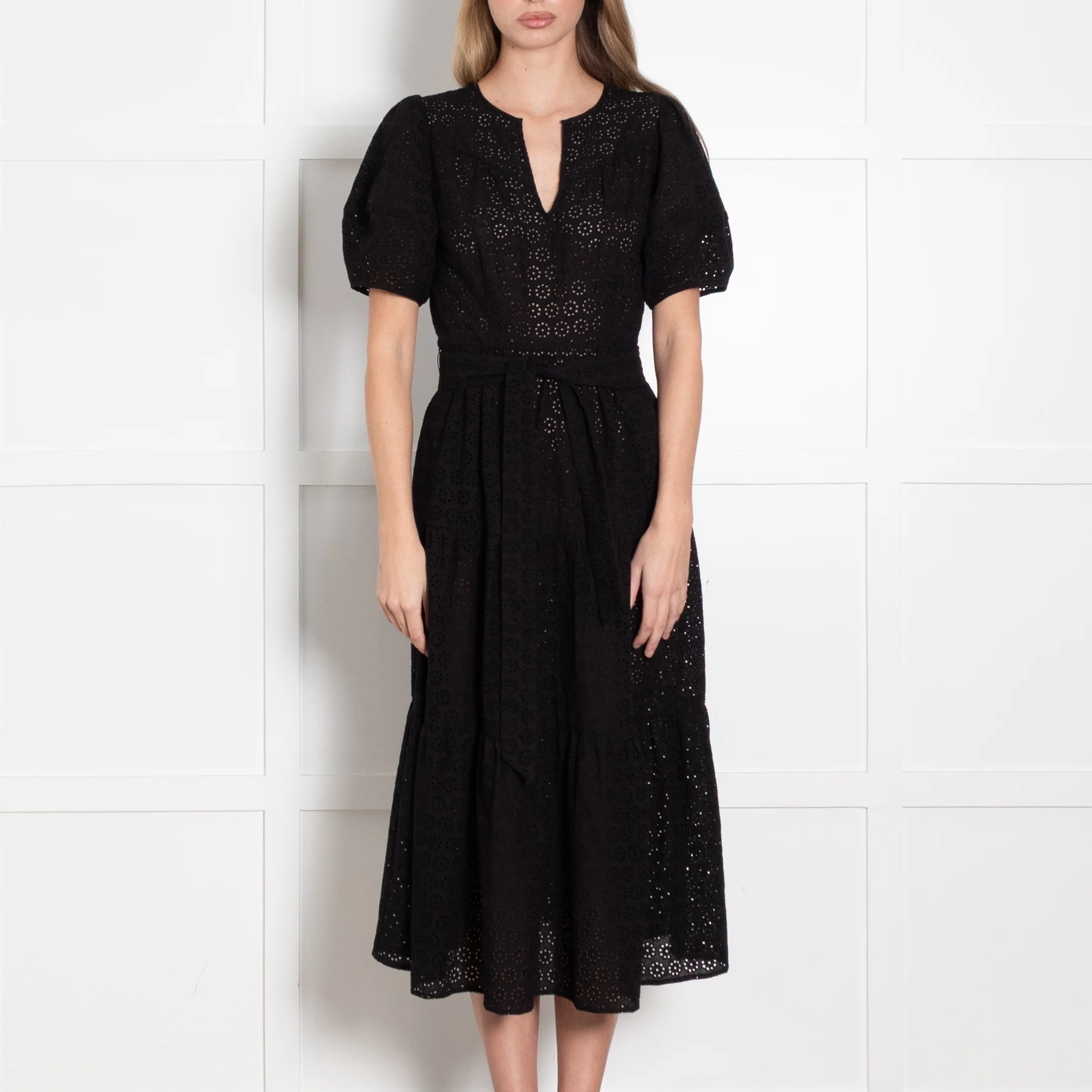Wyse Black Broderie Anglaise Puff Sleeve Belted Dress - Image 2