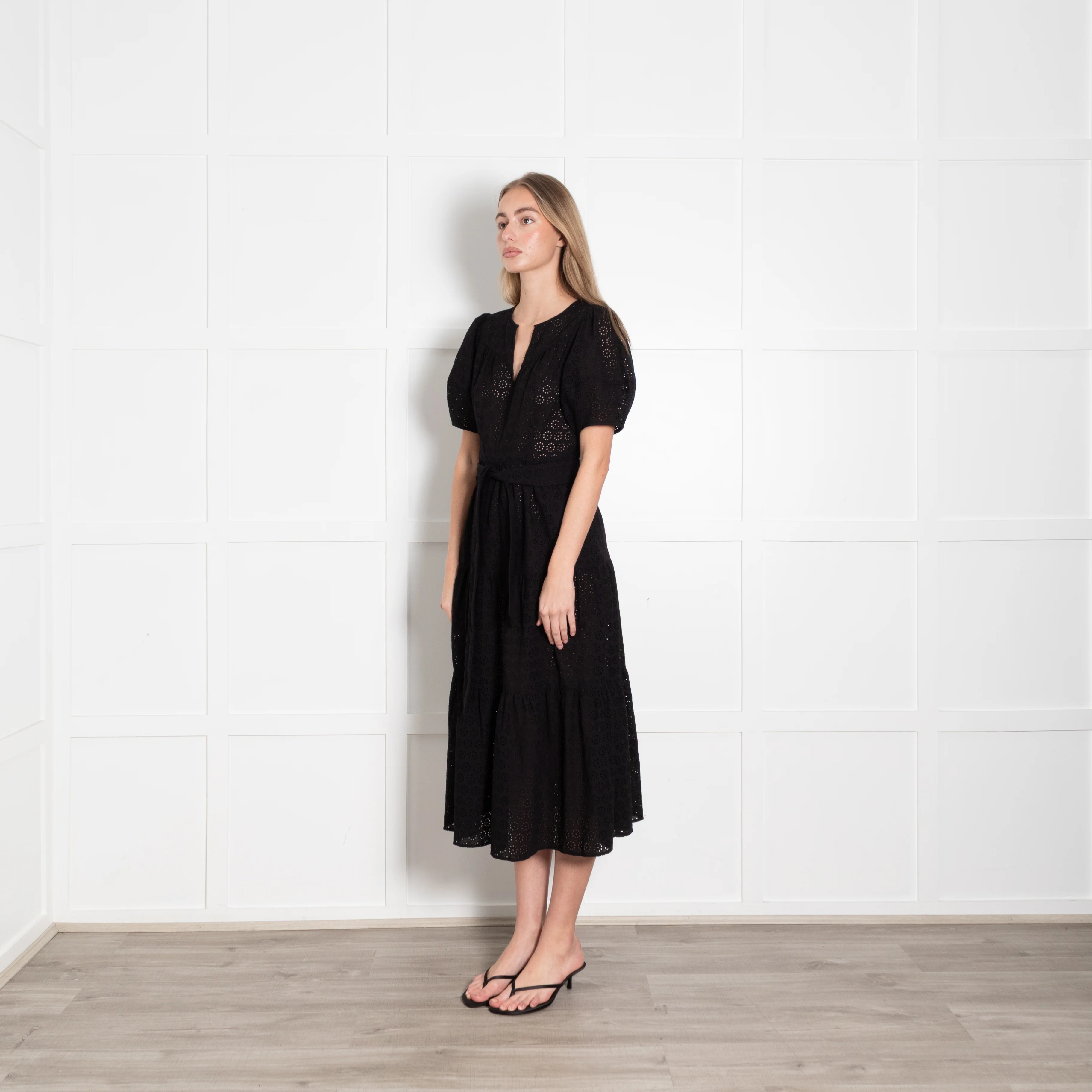 Wyse Black Broderie Anglaise Puff Sleeve Belted Dress - Image 3