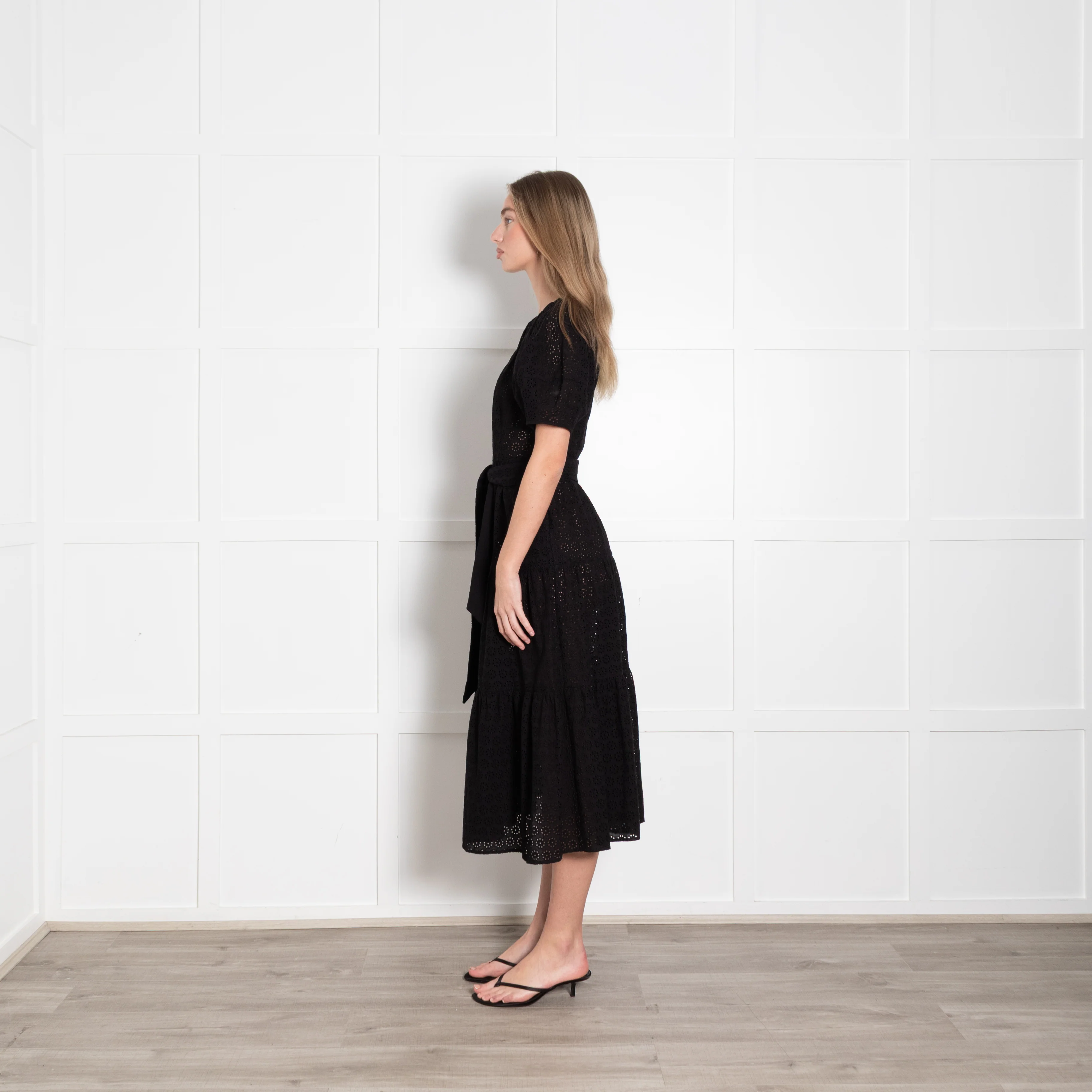 Wyse Black Broderie Anglaise Puff Sleeve Belted Dress - Image 4