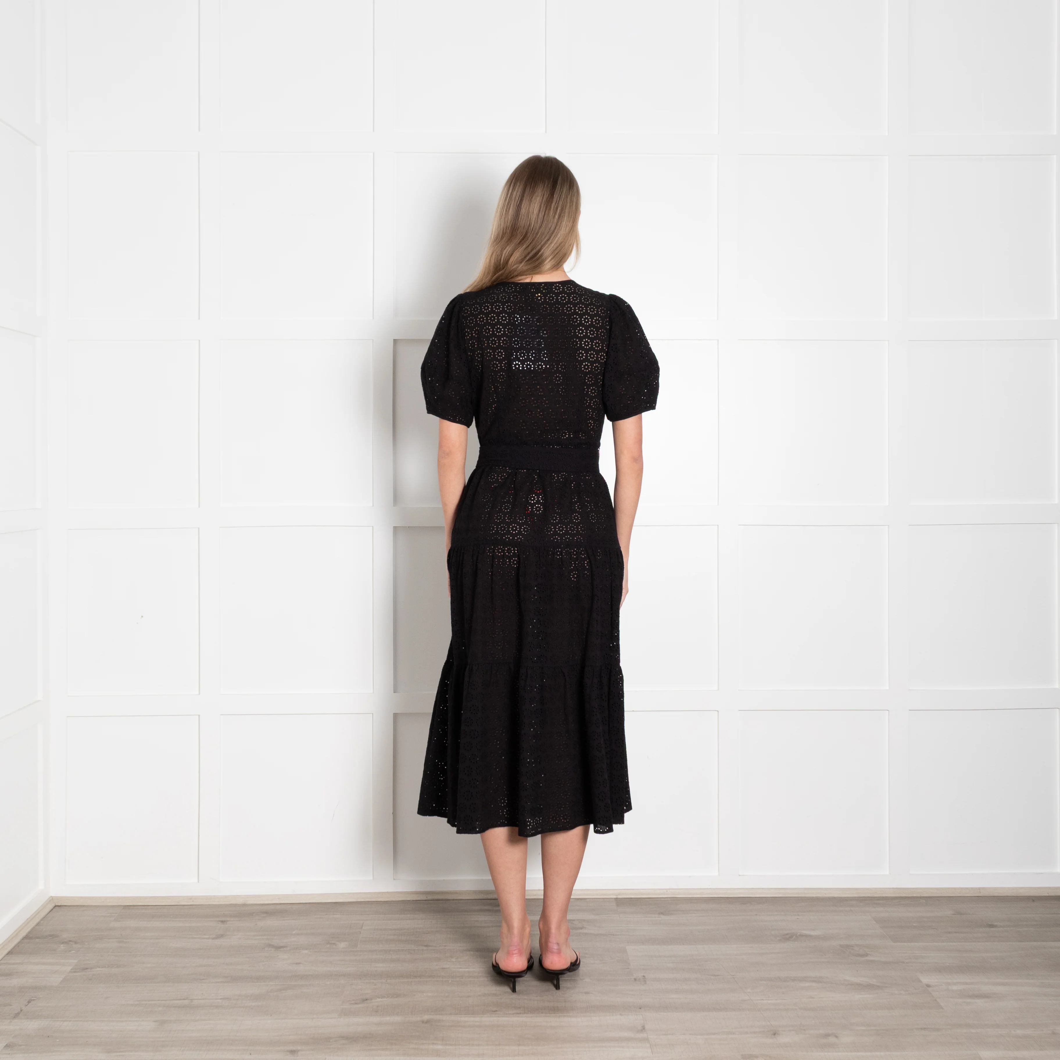 Wyse Black Broderie Anglaise Puff Sleeve Belted Dress - Image 5