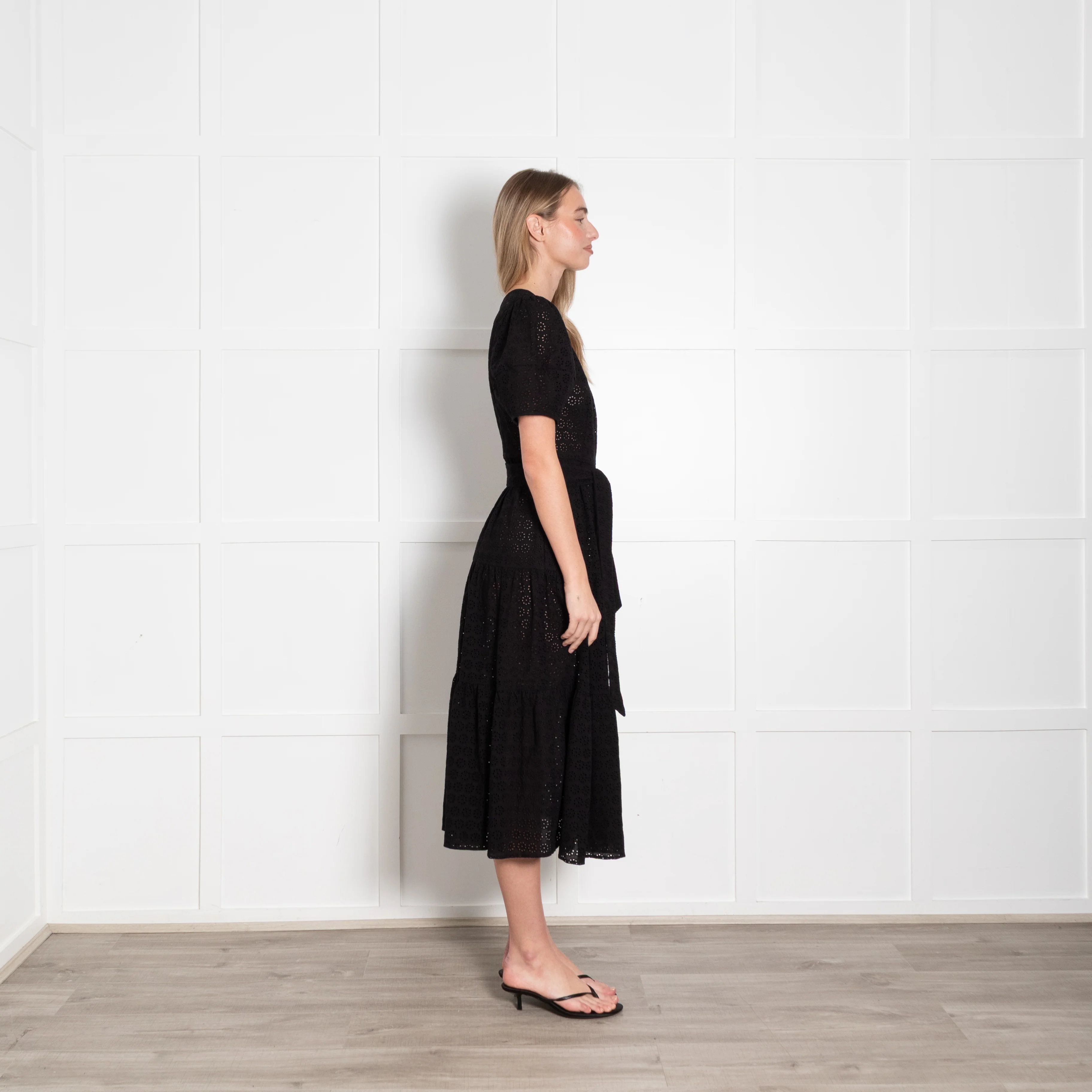 Wyse Black Broderie Anglaise Puff Sleeve Belted Dress - Image 6