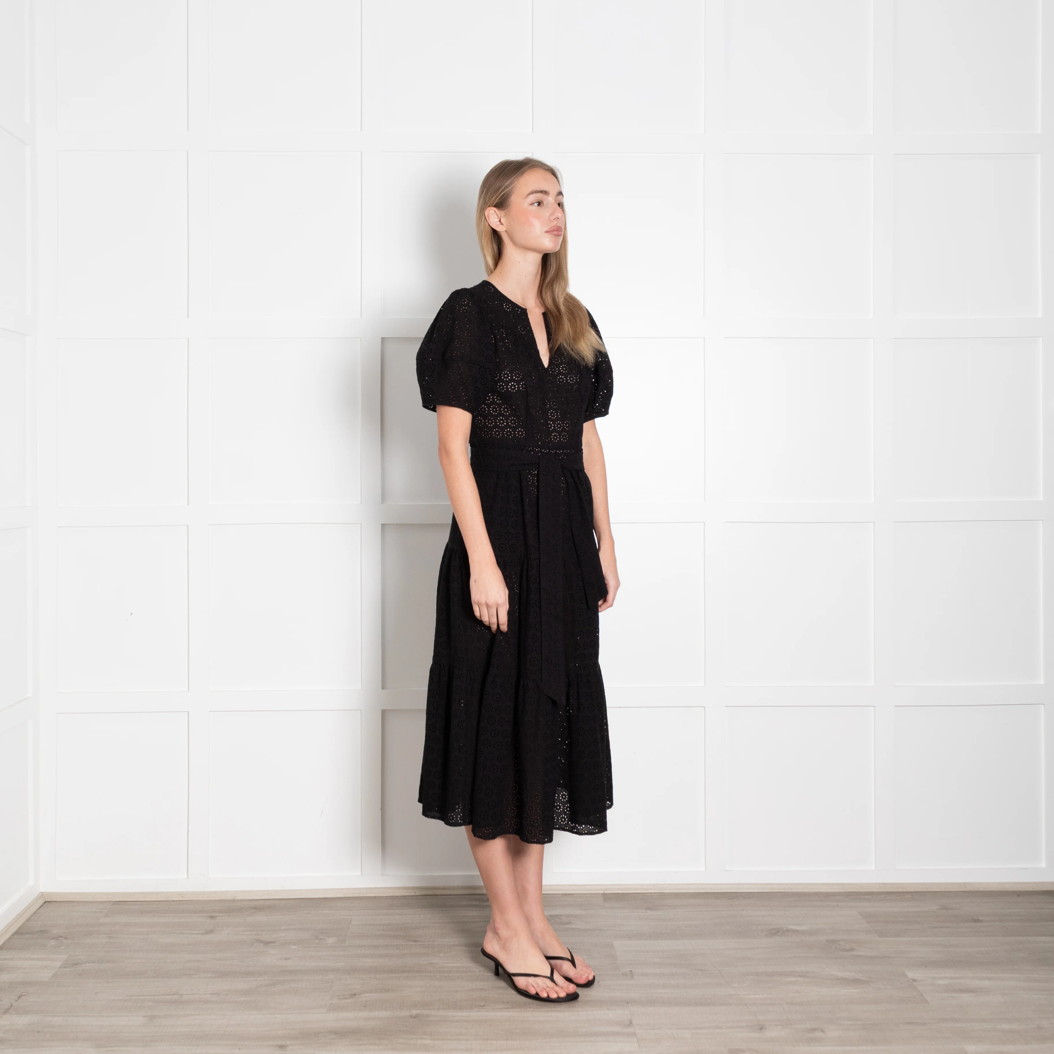 Wyse Black Broderie Anglaise Puff Sleeve Belted Dress - Image 7