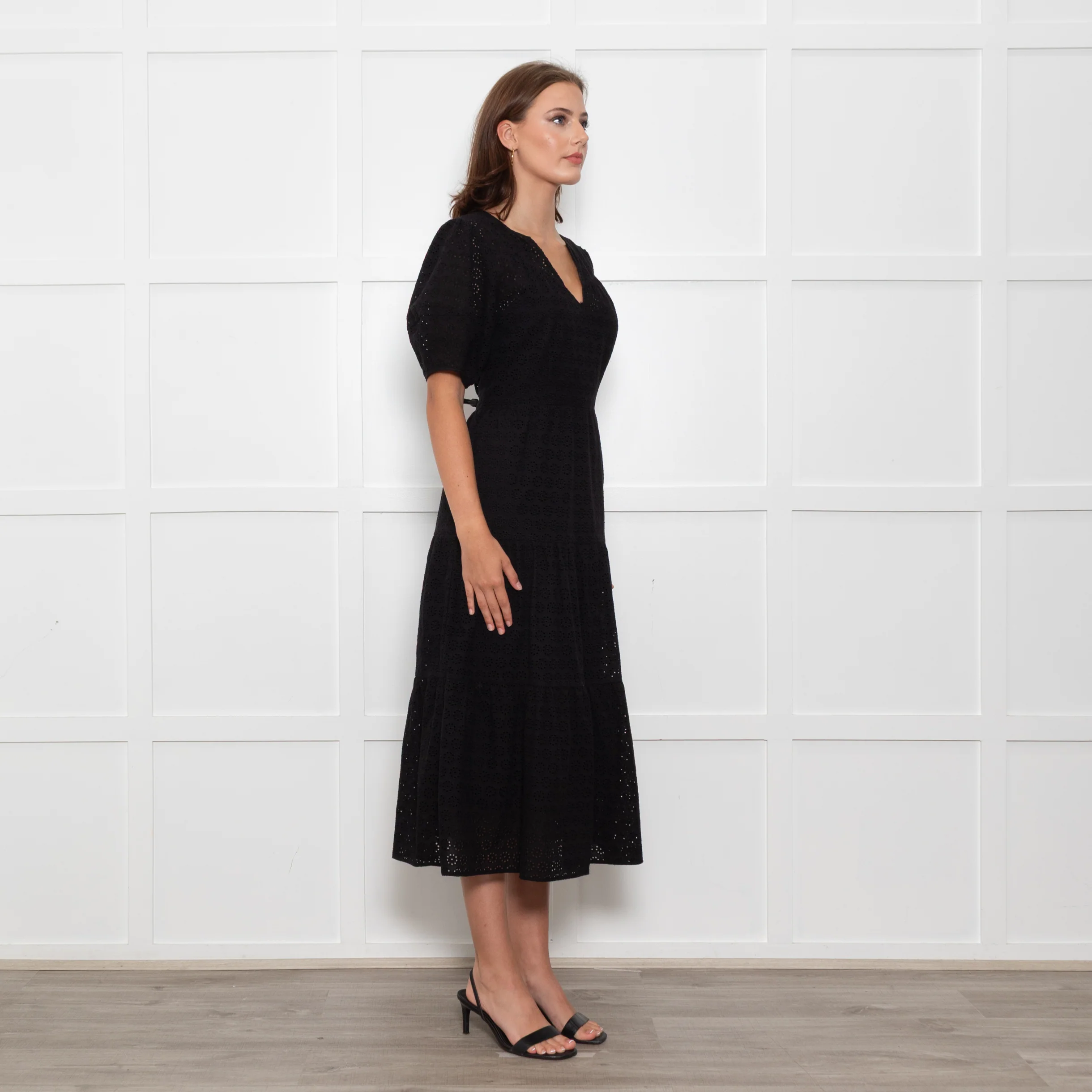 Wyse Black Cotton Embroidered Tiered Midi Dress With Slip - Image 4