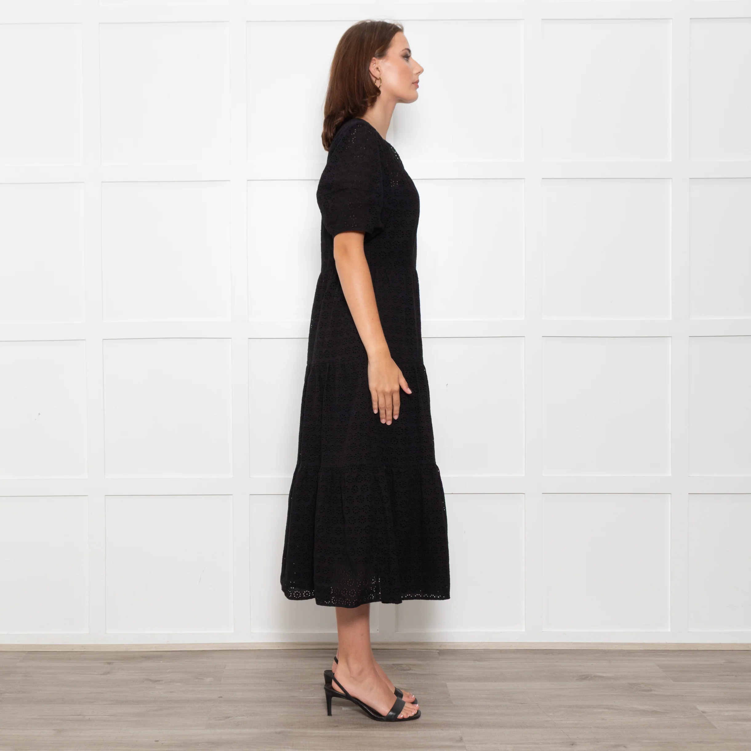 Wyse Black Cotton Embroidered Tiered Midi Dress With Slip - Image 5