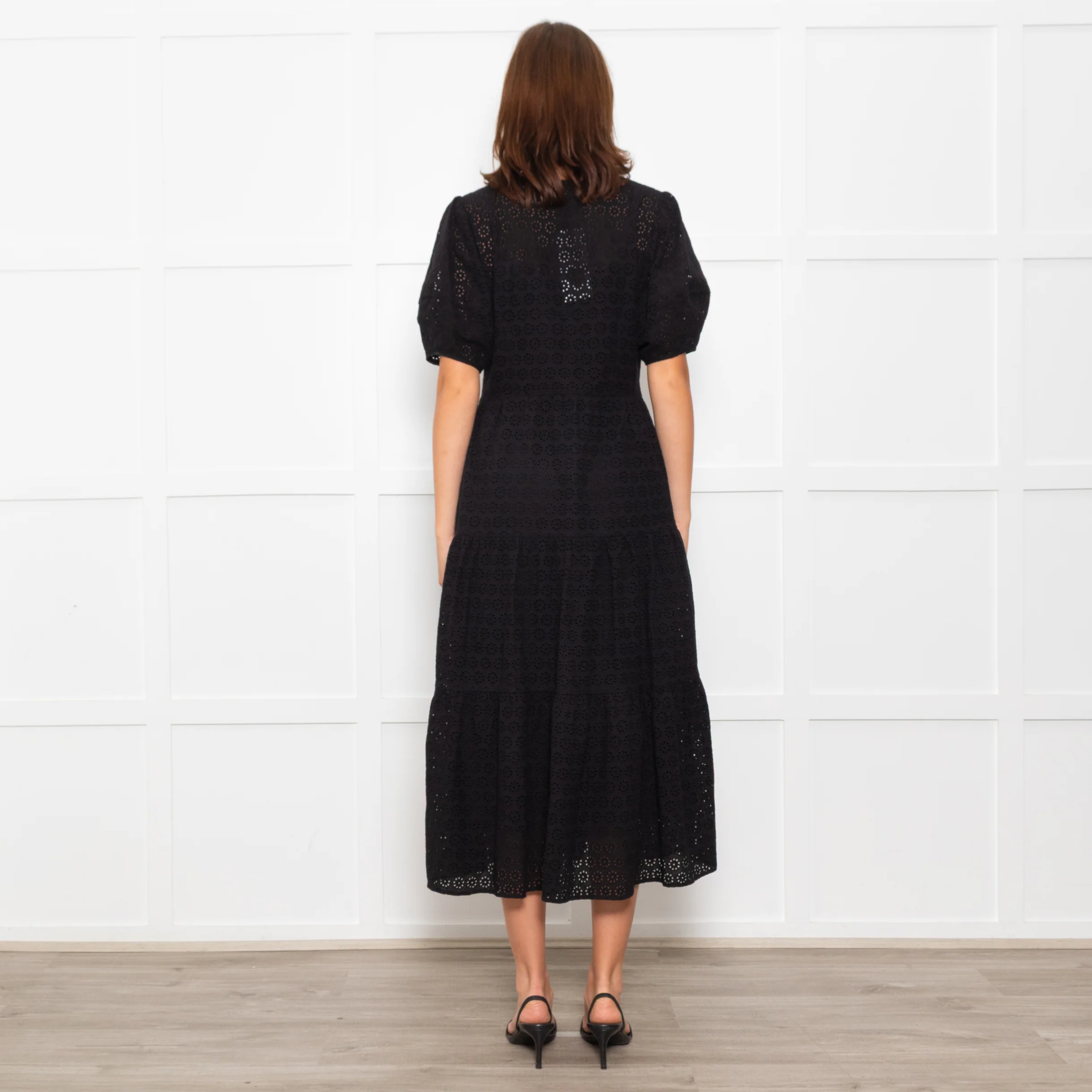 Wyse Black Cotton Embroidered Tiered Midi Dress With Slip - Image 6