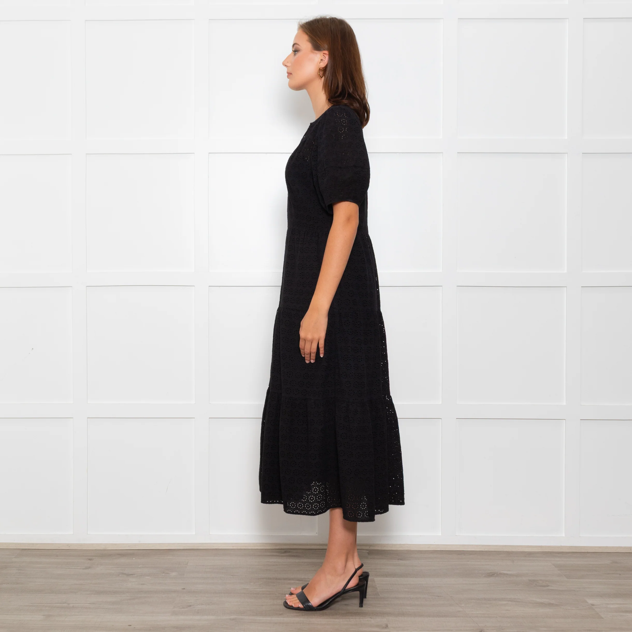 Wyse Black Cotton Embroidered Tiered Midi Dress With Slip - Image 7