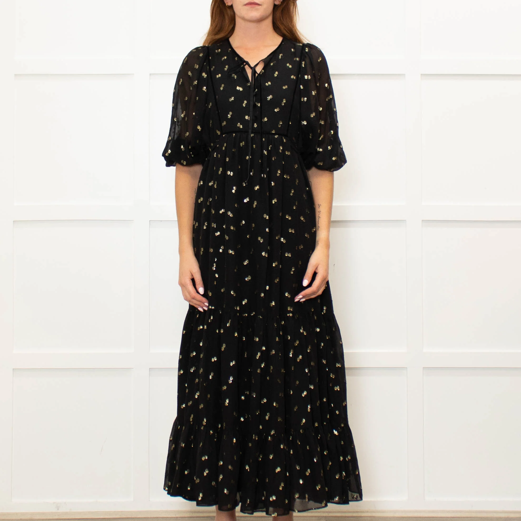 Wyse Black Gold Flower Print Boho Style Full Length Dress - Image 2