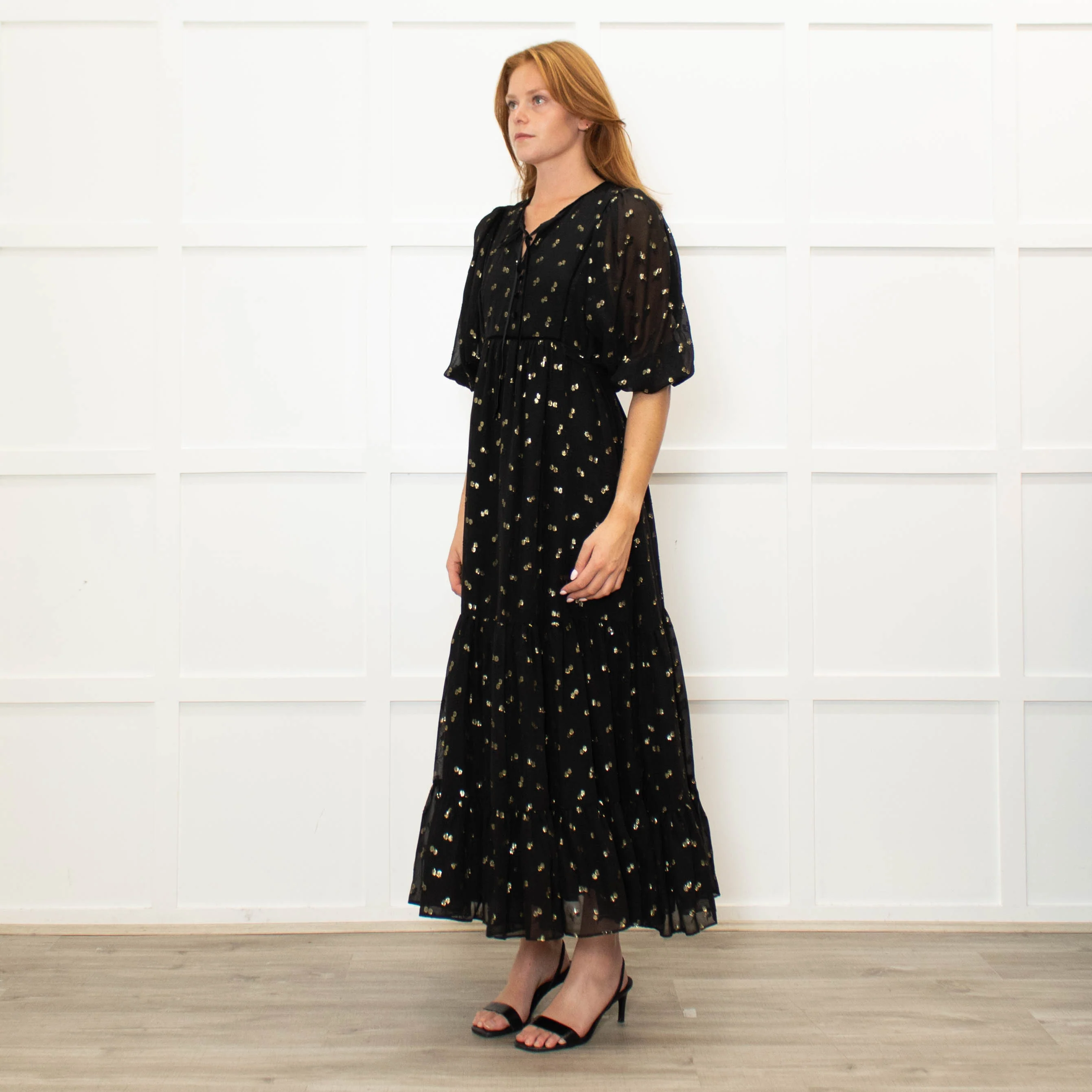 Wyse Black Gold Flower Print Boho Style Full Length Dress - Image 3