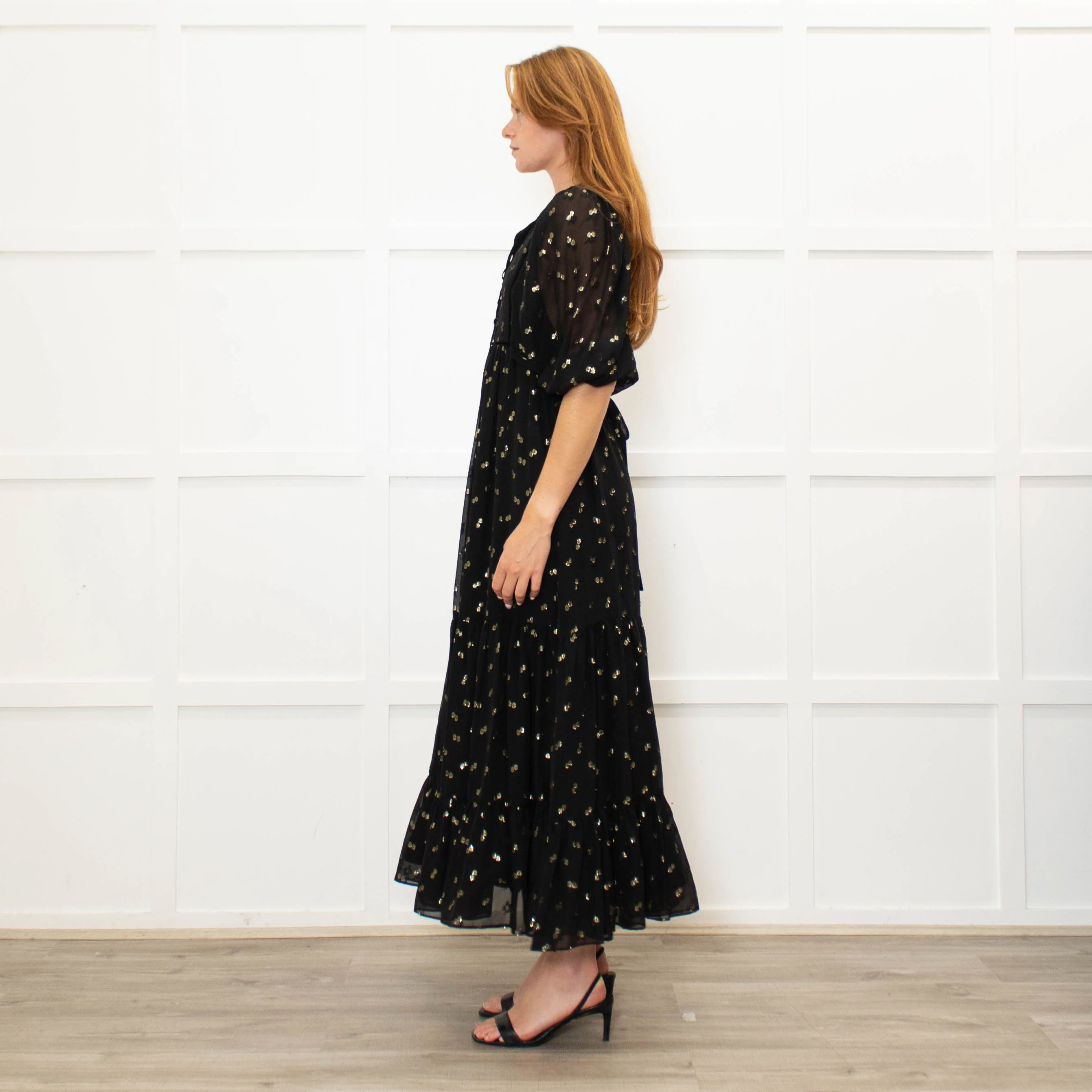 Wyse Black Gold Flower Print Boho Style Full Length Dress - Image 4