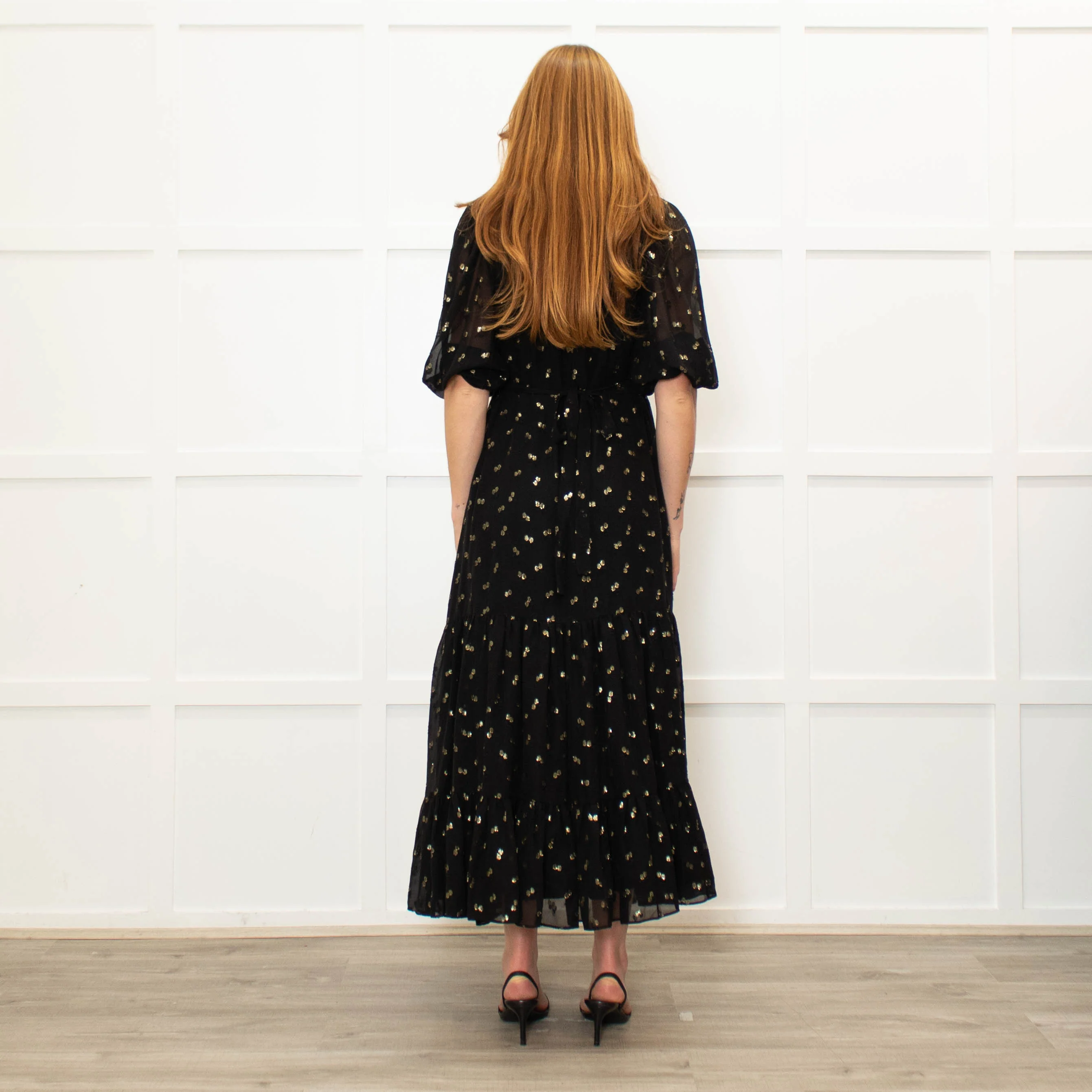 Wyse Black Gold Flower Print Boho Style Full Length Dress - Image 5