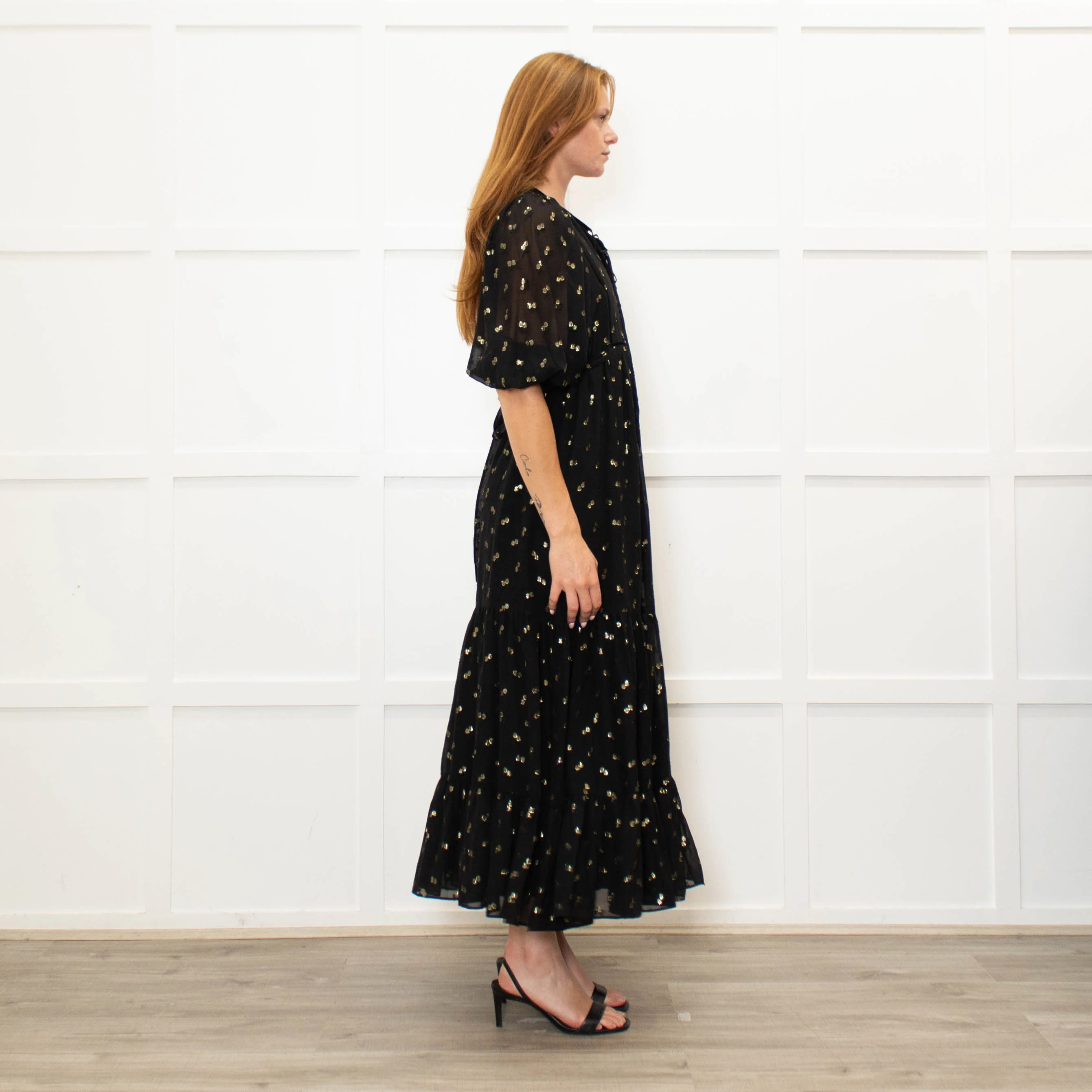 Wyse Black Gold Flower Print Boho Style Full Length Dress - Image 6