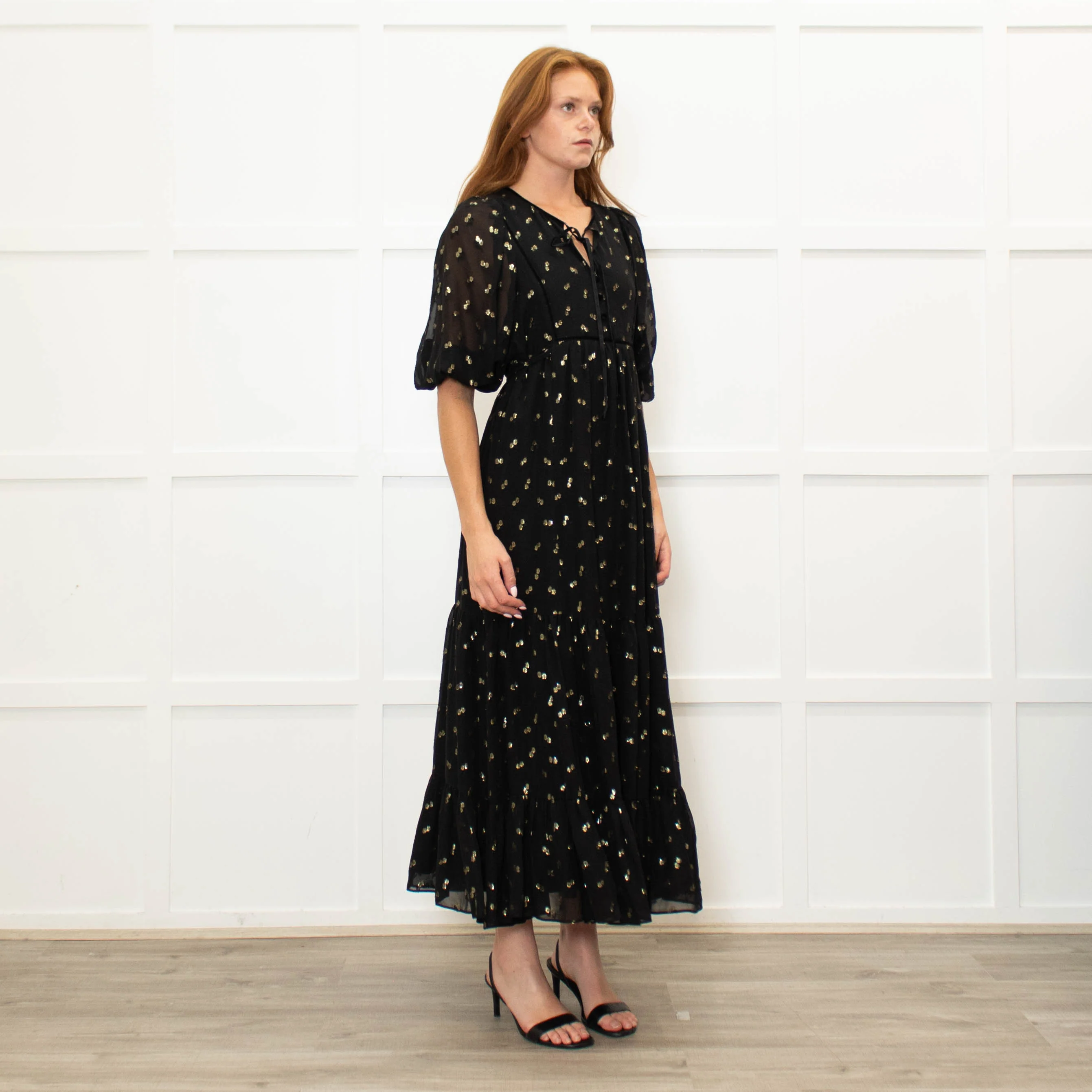 Wyse Black Gold Flower Print Boho Style Full Length Dress - Image 7