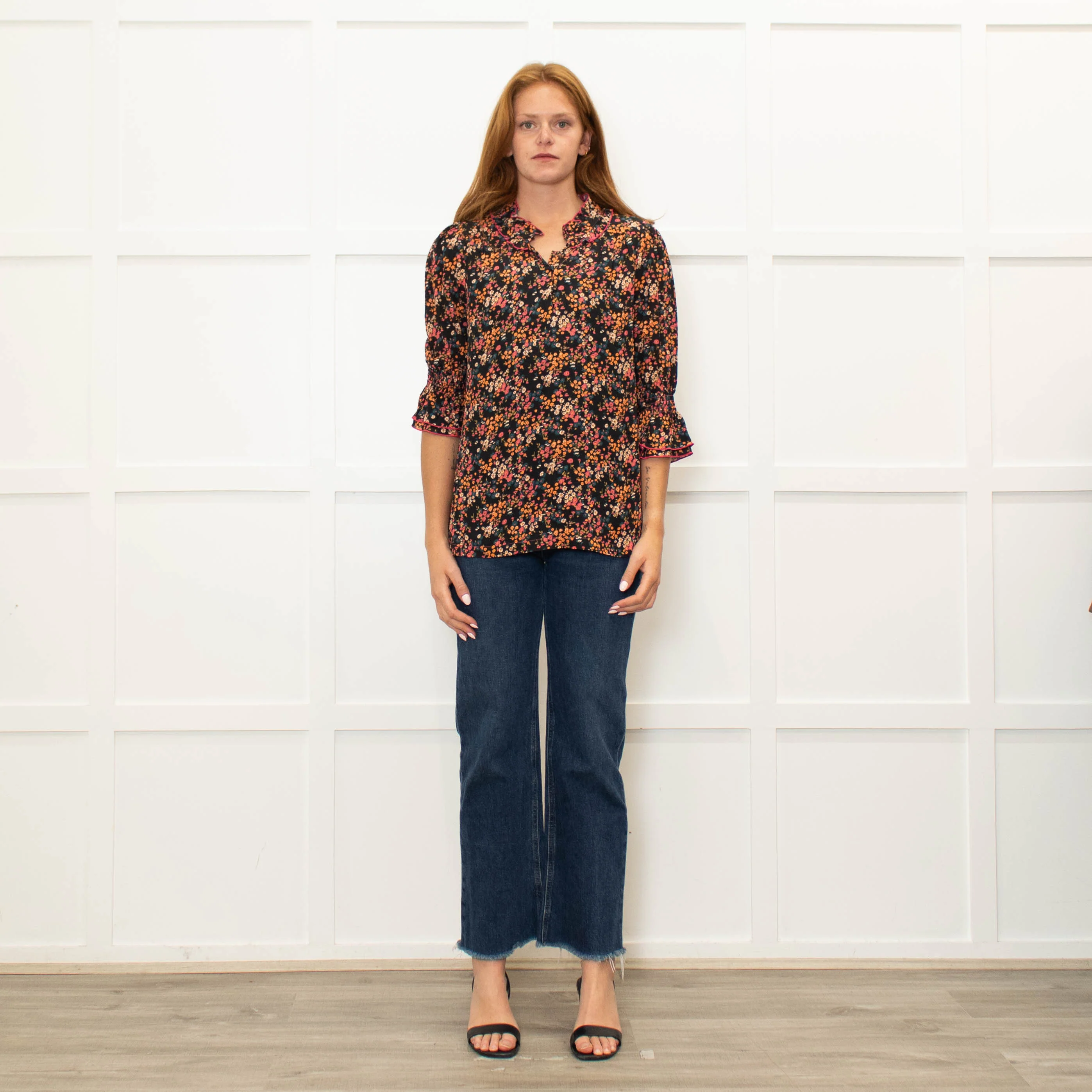 WYSE Black Multi Coloured Flower Print Pink Edging Top