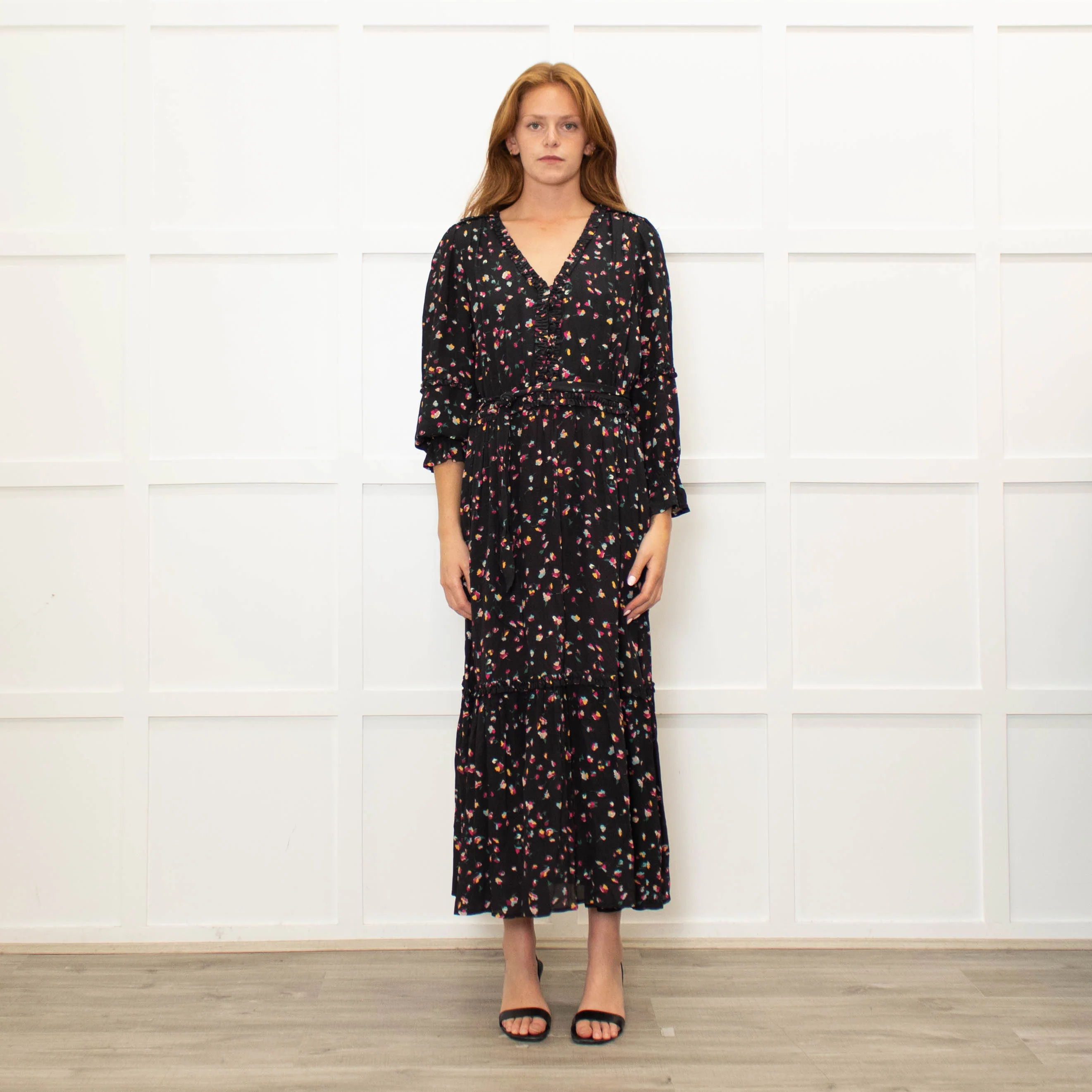 Wyse Black Multi Flower Print Full Length V Neck Dress